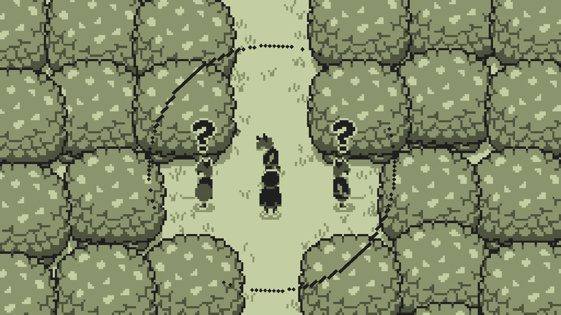 Hiro's Escape: Hiro sneaks past mercenaries in a forest path, with question marks above enemies' heads.