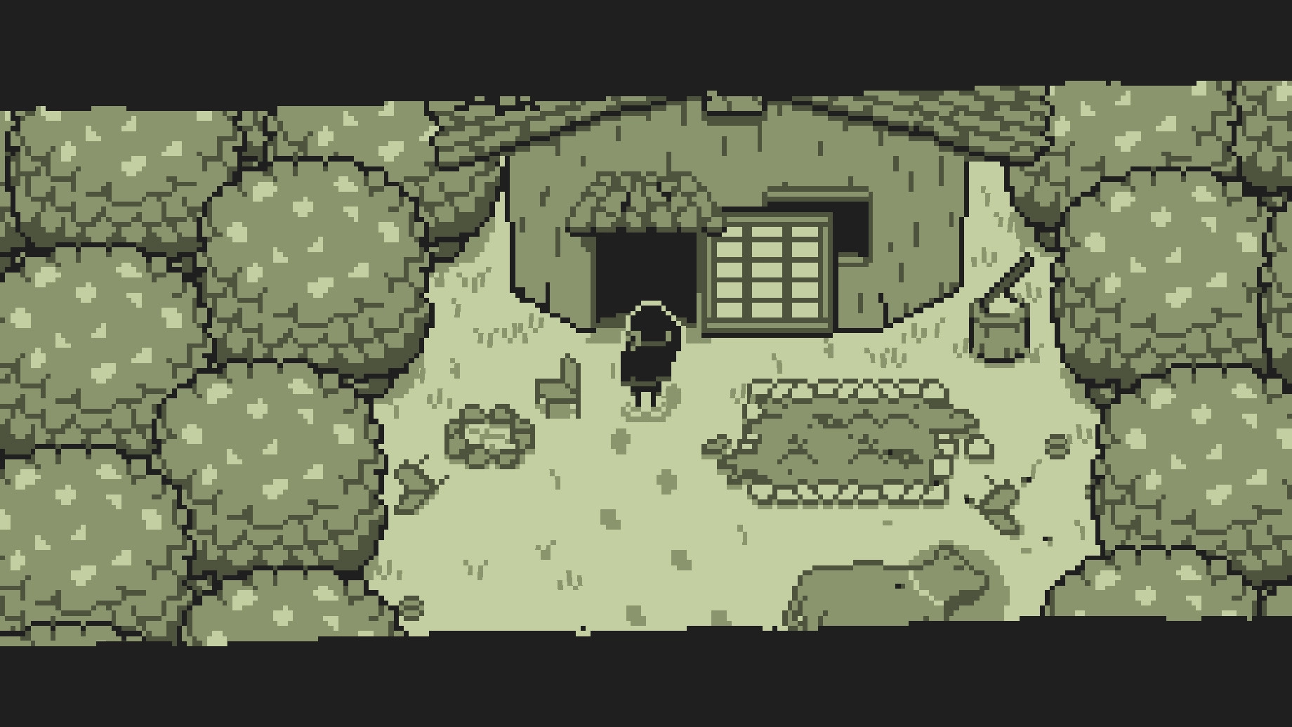 Hiro's Escape: Hiro approaches a small, rural house surrounded by trees in feudal Japan village setting.