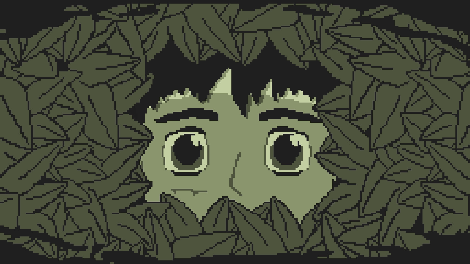 Hiro's Escape: Hiro hides among dense foliage, eyes wide, in a pixel art forest setting.