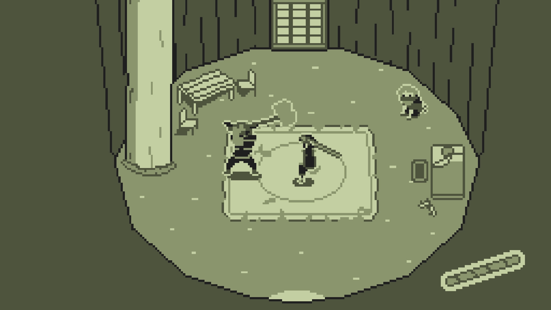 Hiro's Escape: Hiro confronts a mercenary in a traditional Japanese room with tatami mats and furniture.