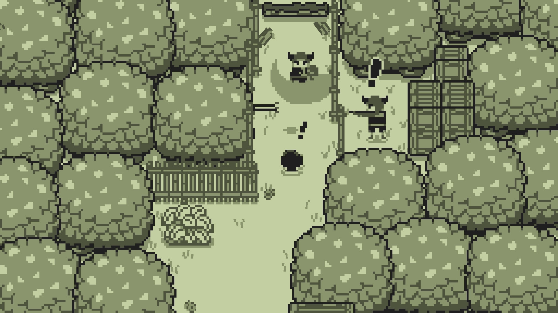 Hiro's Escape: Hiro sneaks past a mercenary among dense foliage and wooden fences in a forest path.