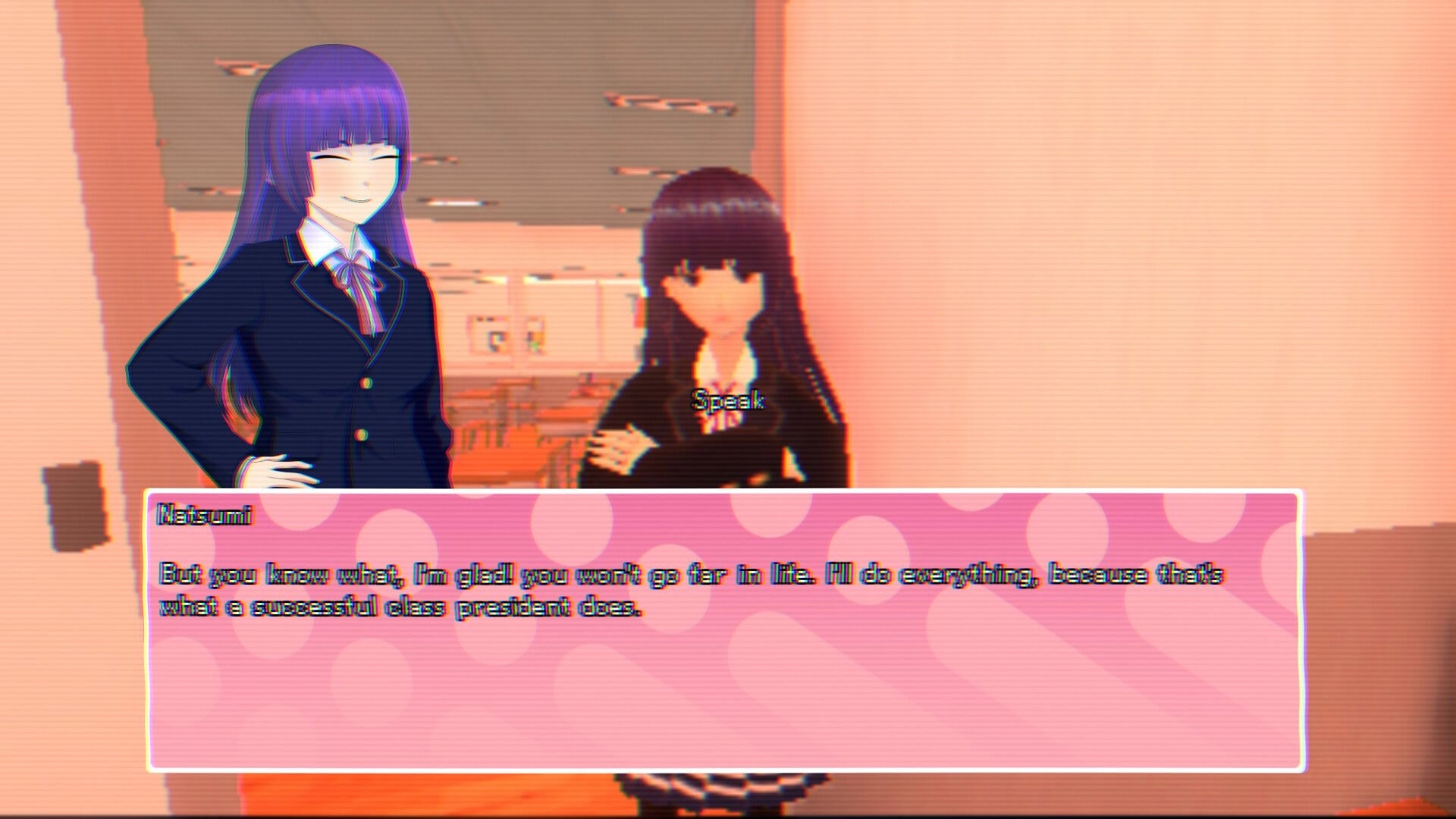Hitobashira [人柱]: Dialogue with Matsumi as two schoolgirls stand in a classroom, Speak prompt visible.