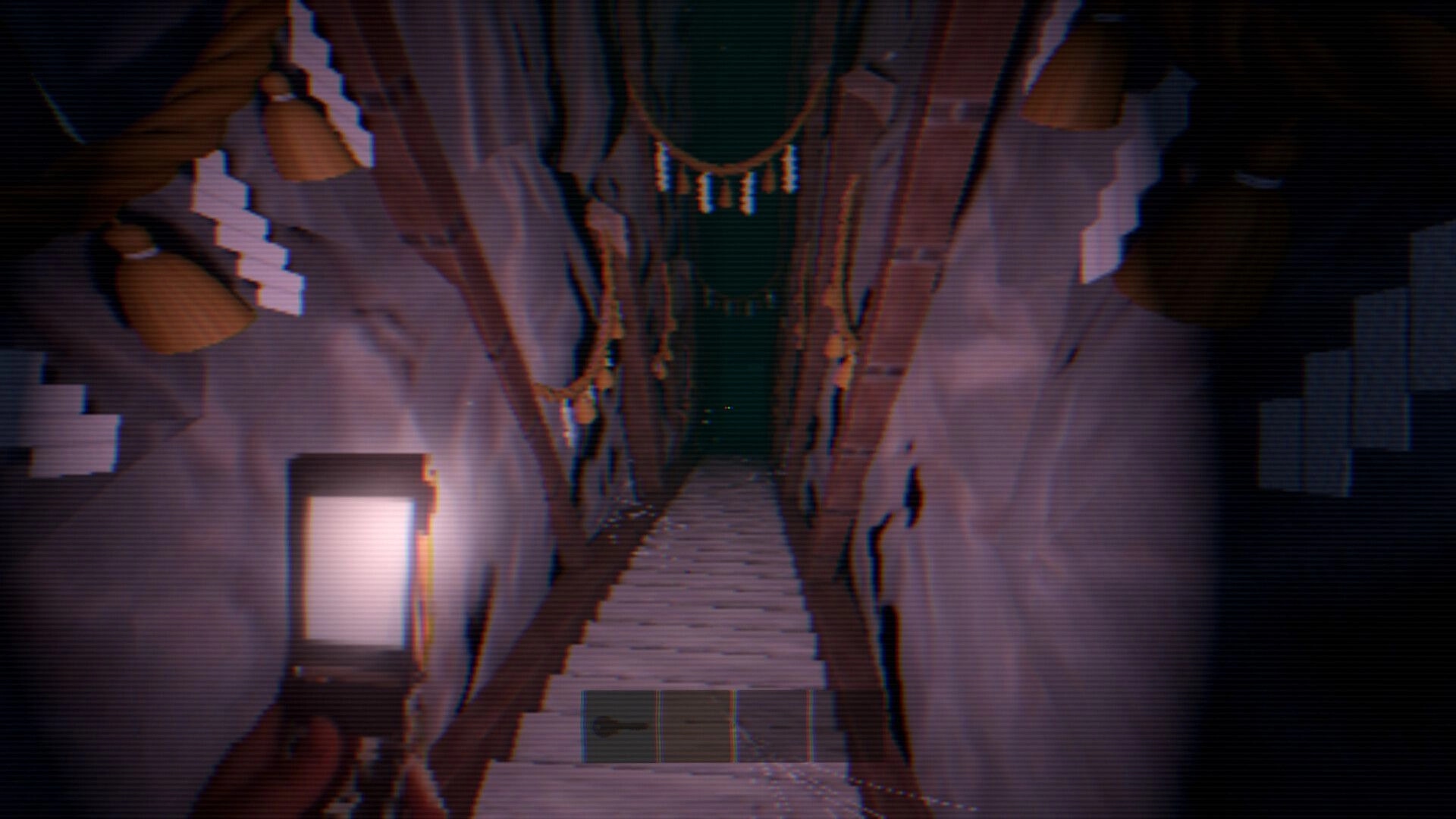 Hitobashira [人柱]: First-person view holding a lit phone, climbing a narrow wooden stairwell at night.