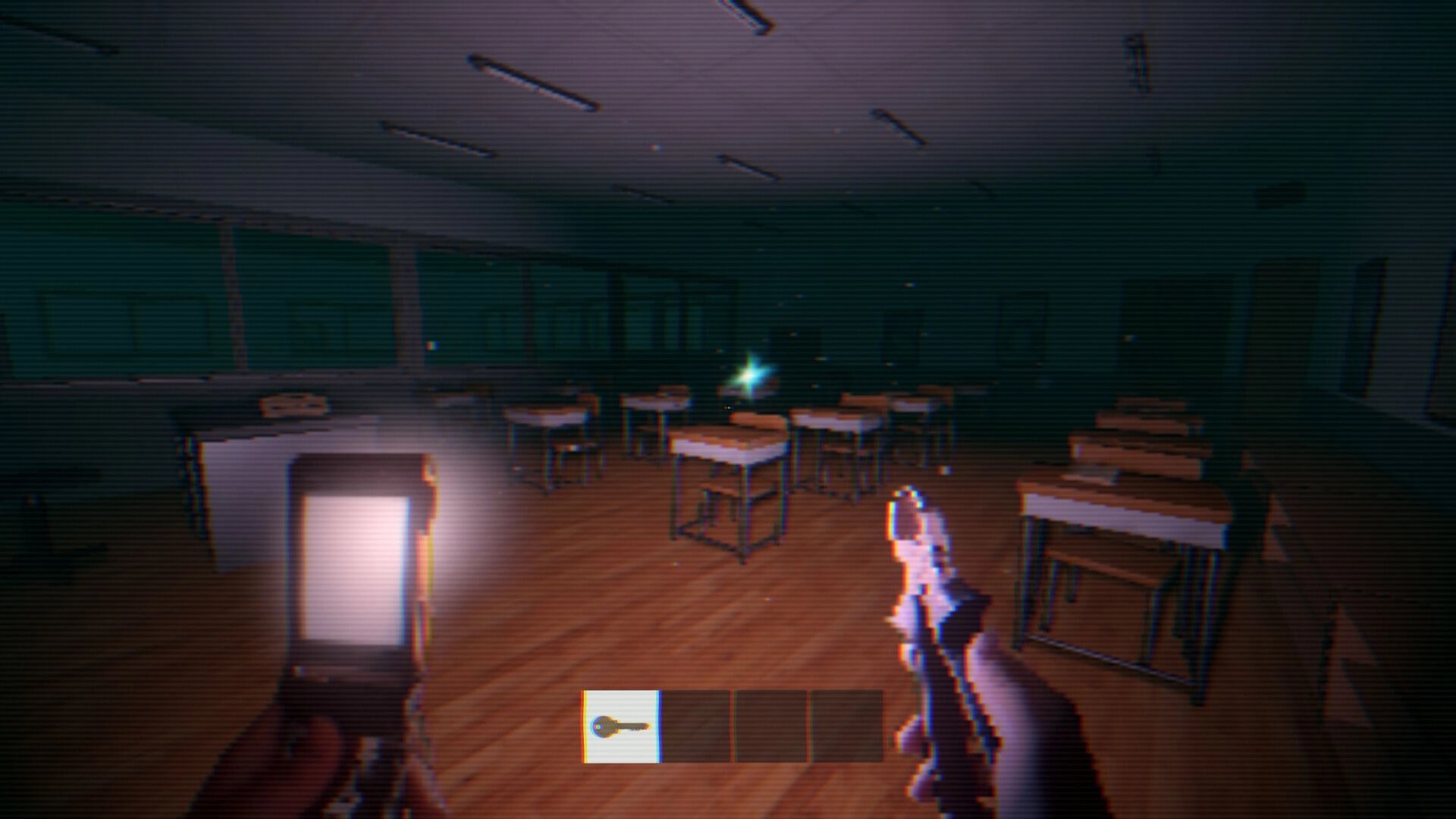 Hitobashira [人柱]: First-person view holding a lighter in dark classroom, key in hotbar UI.