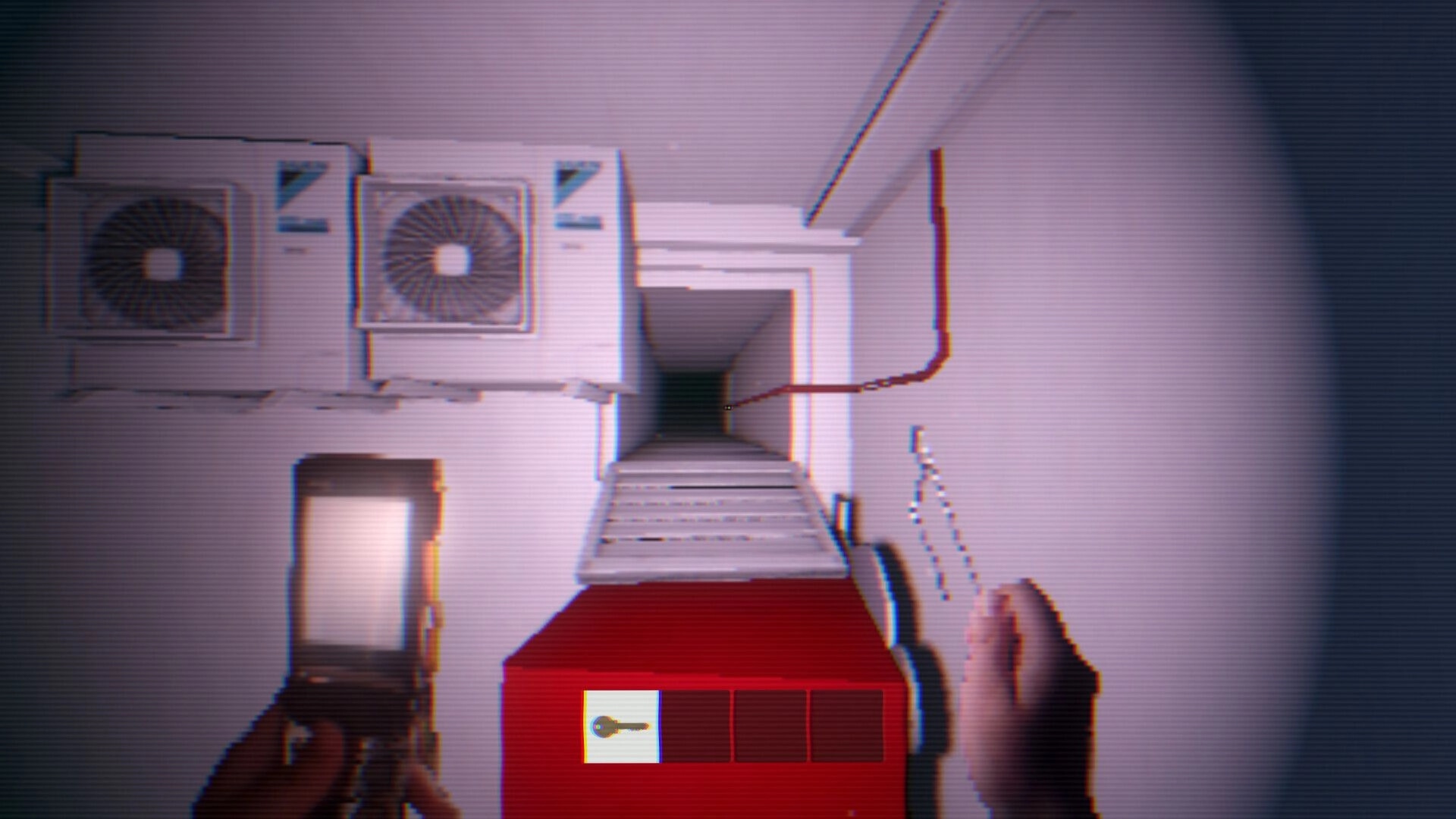 Hitobashira [人柱]: First-person view holding lighter and key UI in a narrow rooftop stairwell corridor.