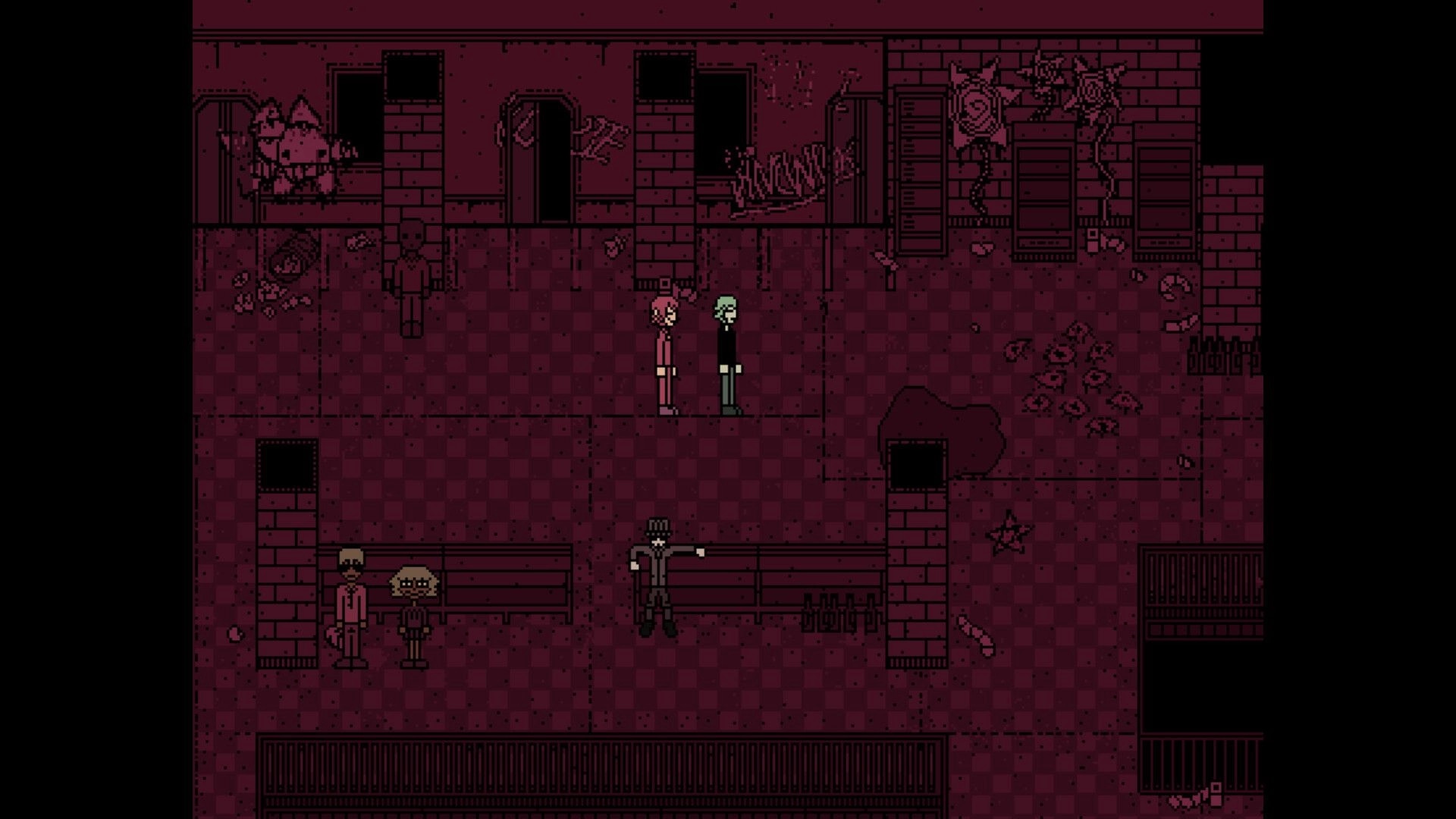 hitogata: Two characters standing in a dim, graffiti-covered hallway with debris and benches around them.