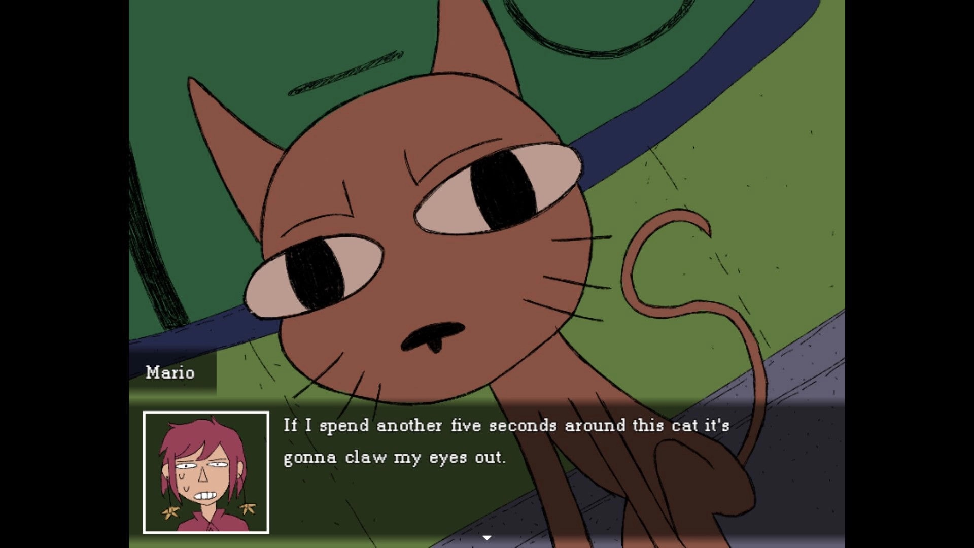 hitogata: Character Mario with a large-eyed cat, text dialogue displayed in a casual animated setting.