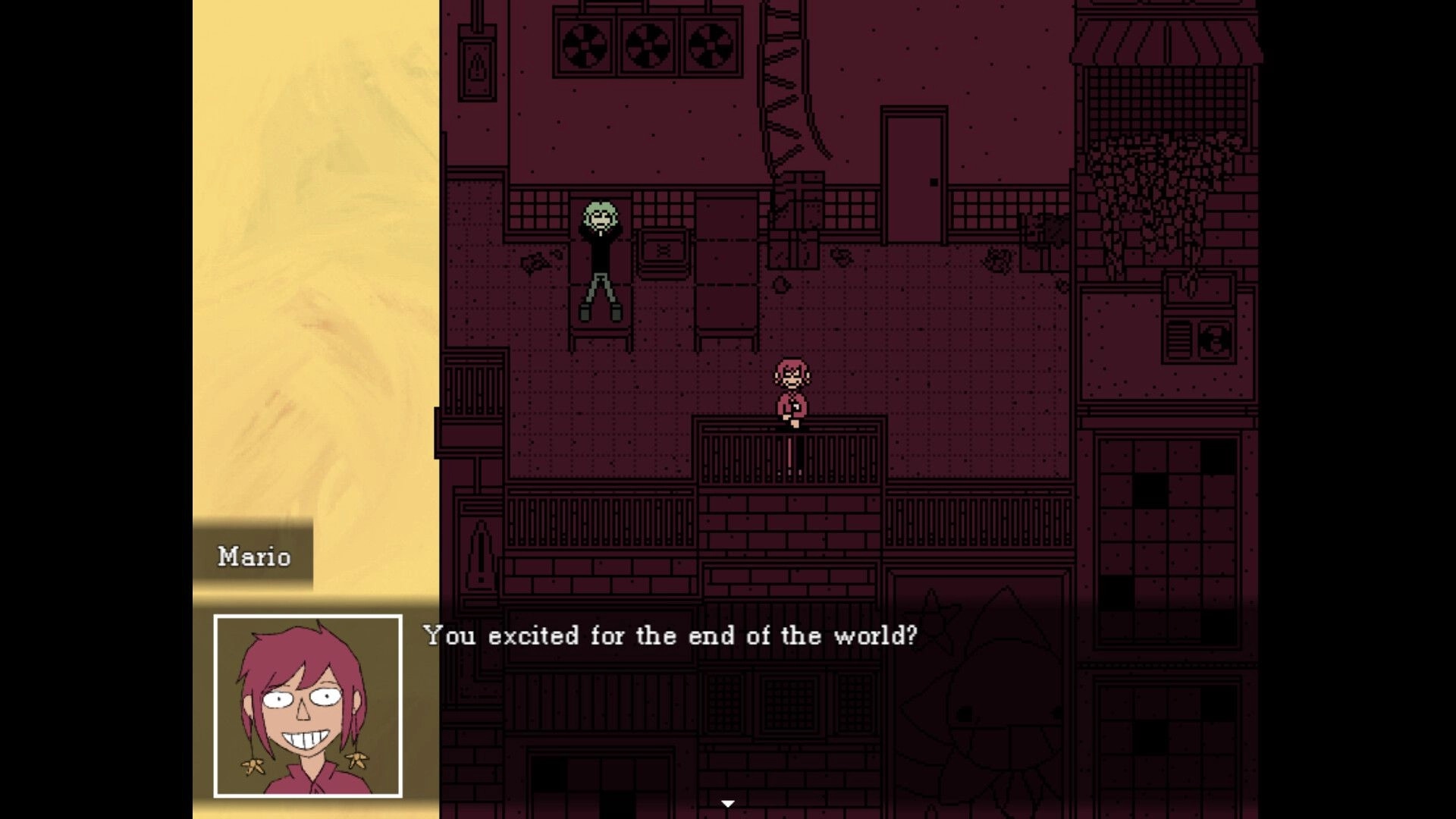hitogata: Character Mario speaks to another in a dimly lit room with ladders and machinery visible.