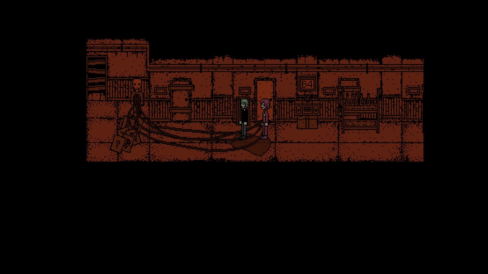 hitogata: Two characters stand in a dimly lit corridor with a B4 sign and mysterious cables hanging nearby.