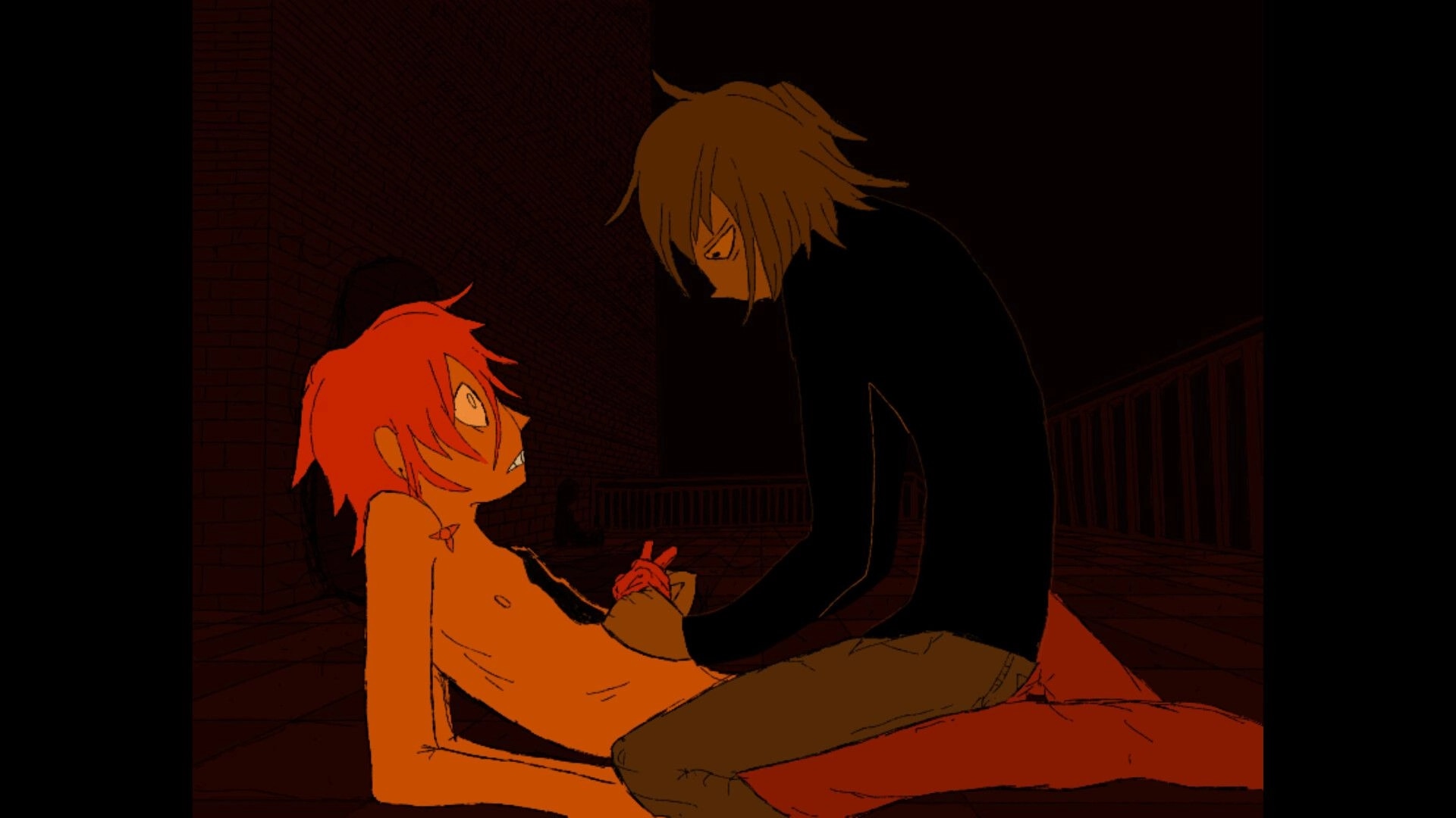 hitogata: Two characters in a tense confrontation in a dimly lit room with dark, shadowy surroundings.