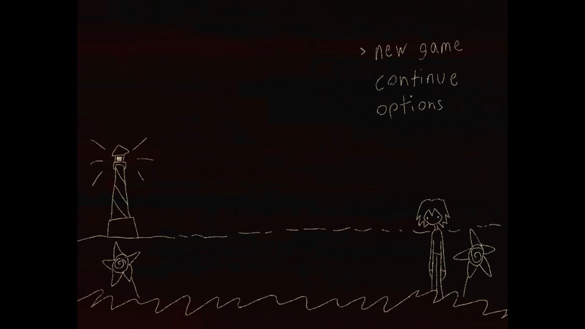 hitogata: Main menu with options; character and lighthouse drawn on dark background