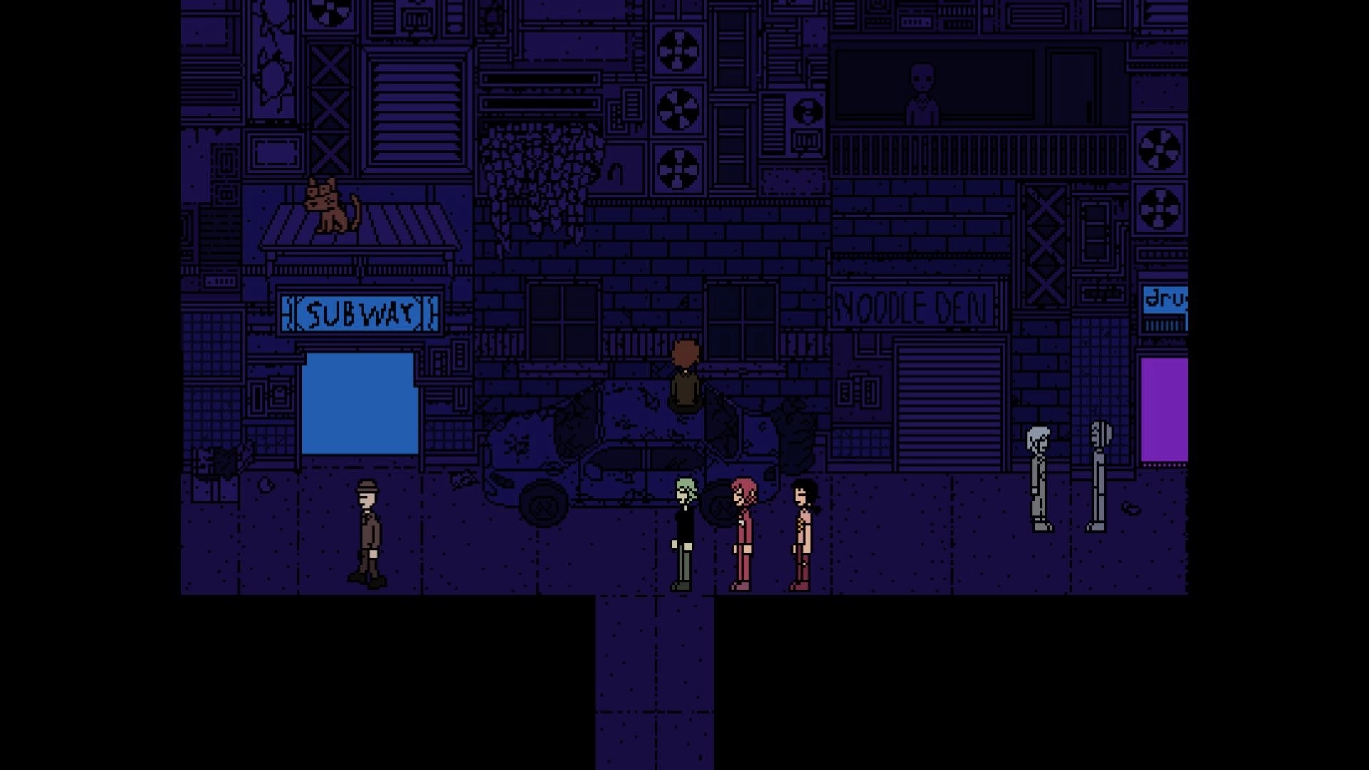 hitogata: Characters stand in a dark alley with a subway entrance and a dog on a roof nearby.