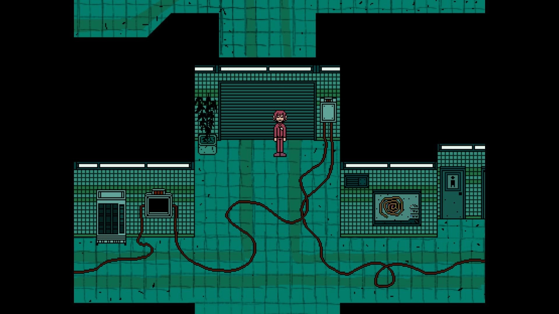 hitogata: Doll character stands in a tiled room with wires and electrical panels visible