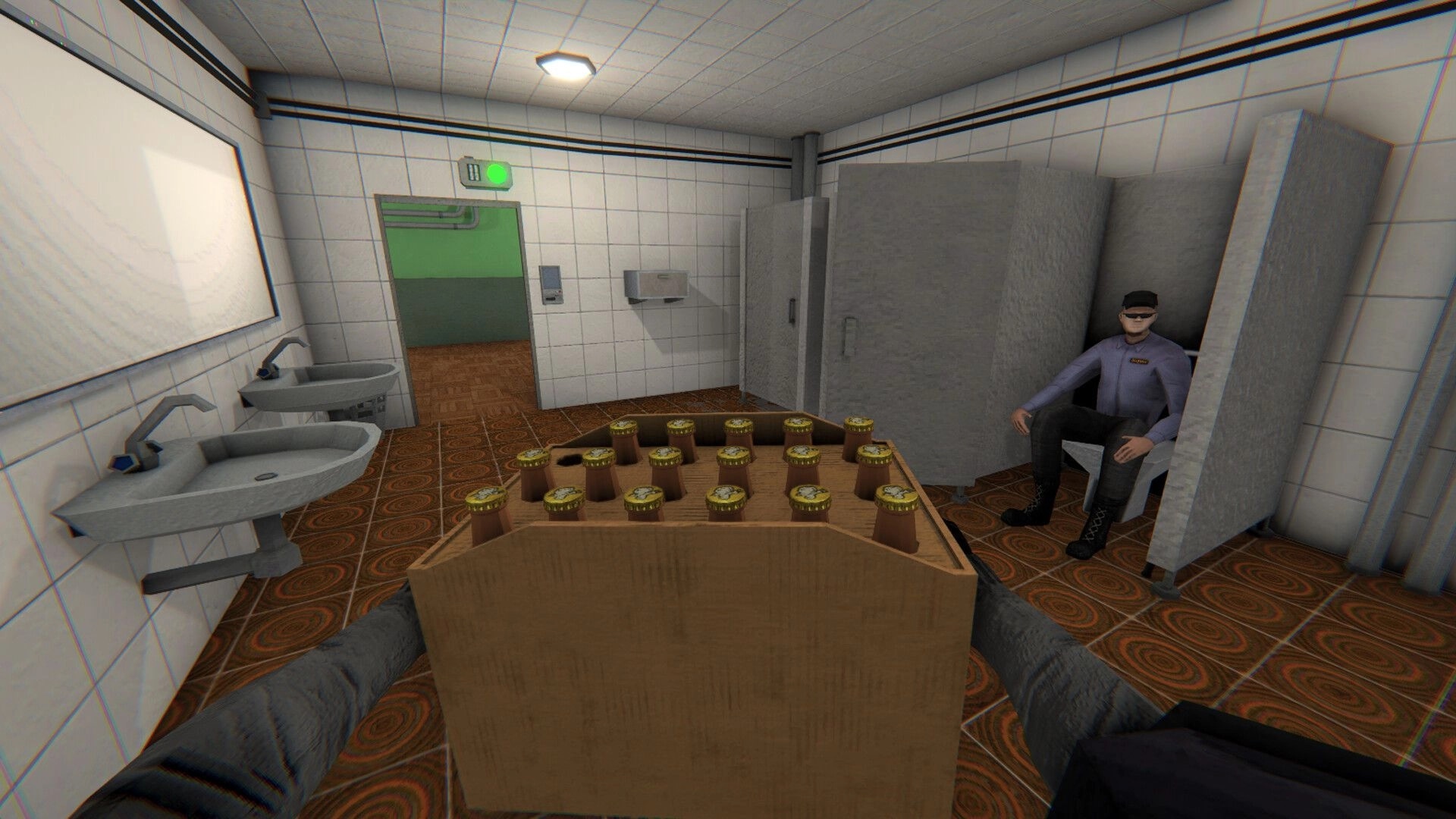 HMUR: Player holding crate of bottles in a tiled restroom with a seated man in a stall