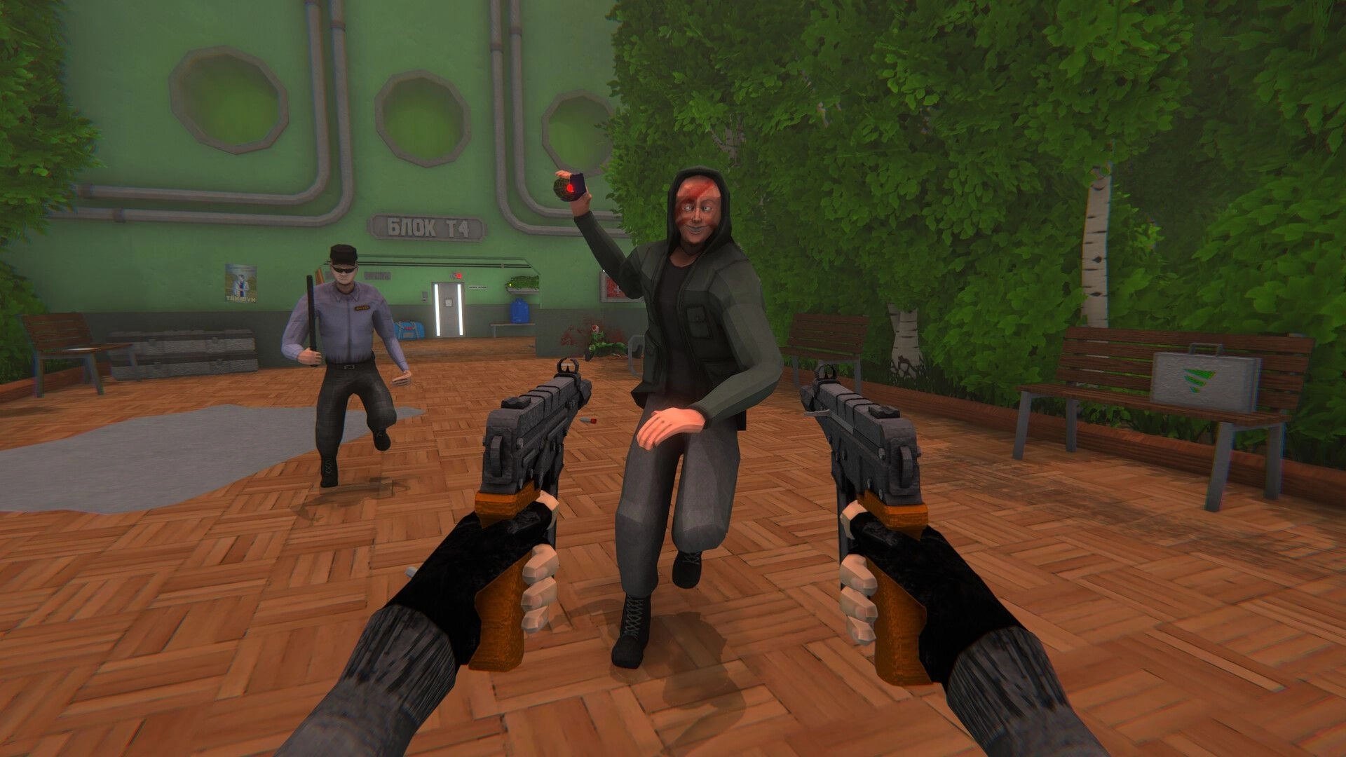 HMUR: Dual-wielding pistols in a green facility, confronting enemies with a grenade in hand.