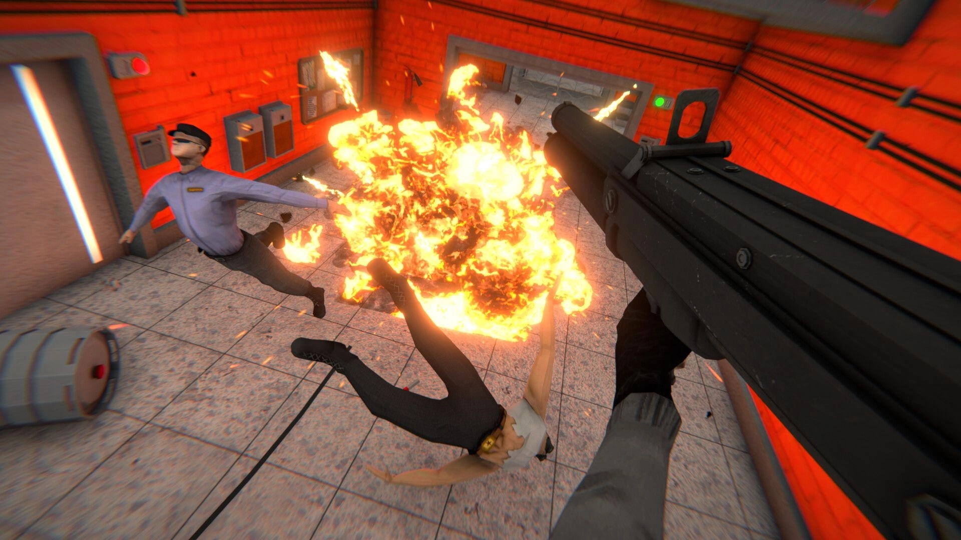 HMUR: First-person view of shotgun blast causing explosion in a bright red Soviet facility hallway.