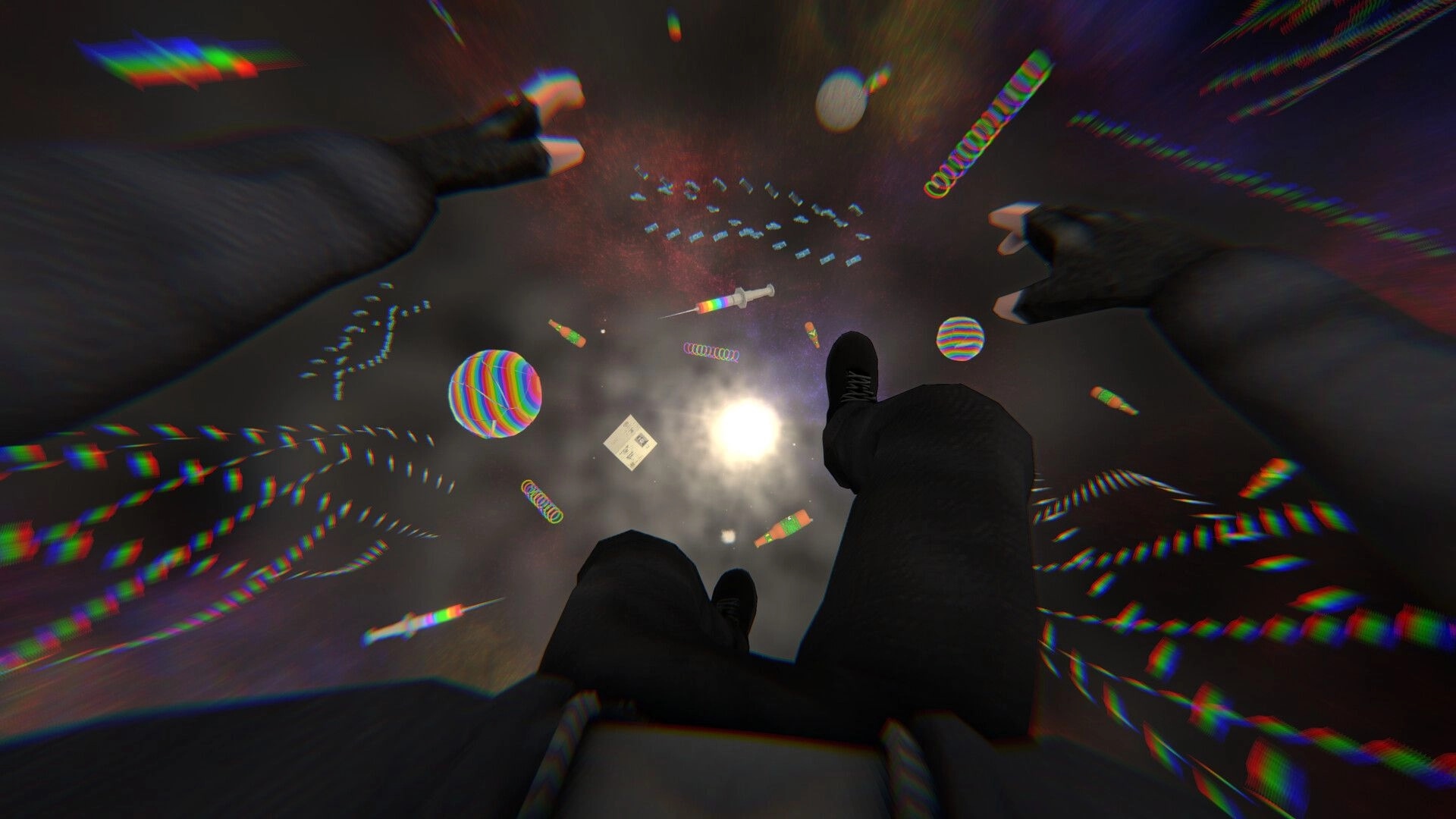 HMUR: First-person view falling into colorful, chaotic void with floating objects and swirling patterns