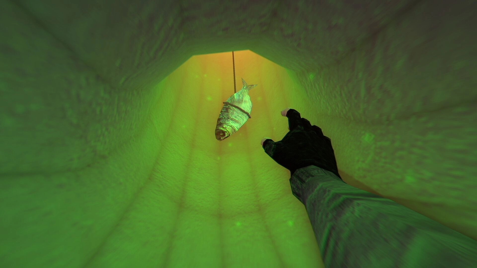 HMUR: Player reaches for a fish hanging in a glowing green tunnel environment