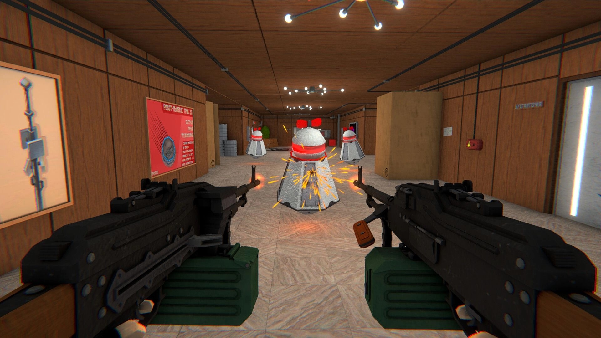HMUR: Dual-wielding guns firing at robot enemies in a wood-paneled Soviet facility hallway
