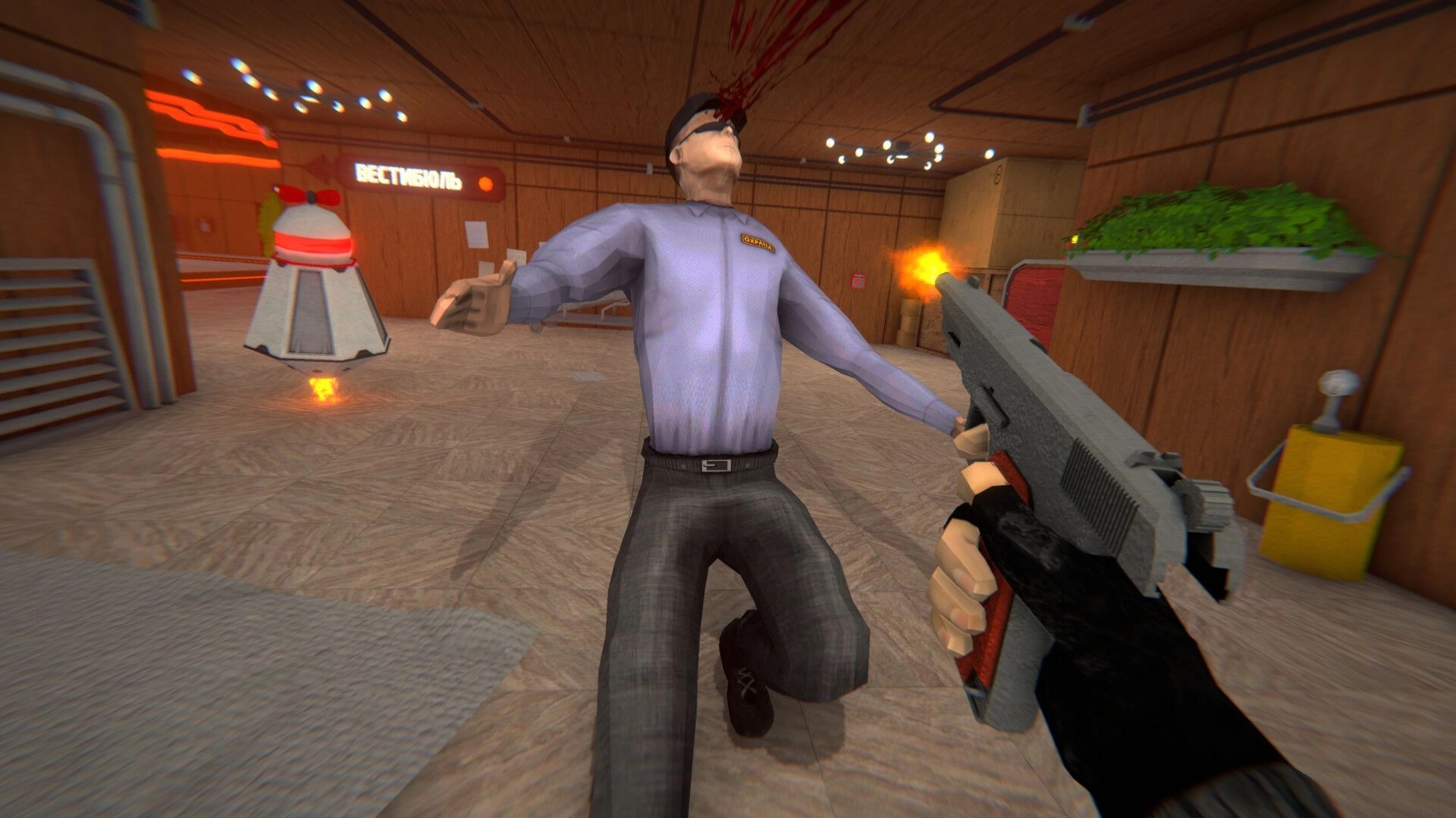 HMUR: Player shooting an enemy in a retro Soviet facility with red-lit walls and a hovering robot nearby