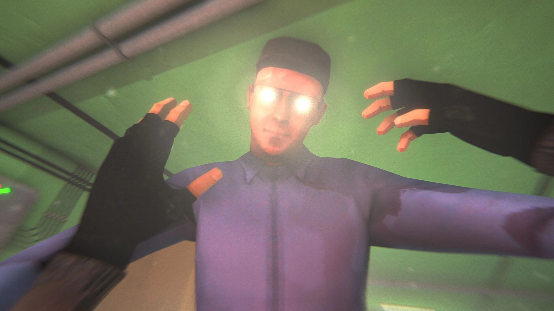 HMUR: Player confronts enemy with glowing eyes in dimly lit corridor of Soviet-style facility