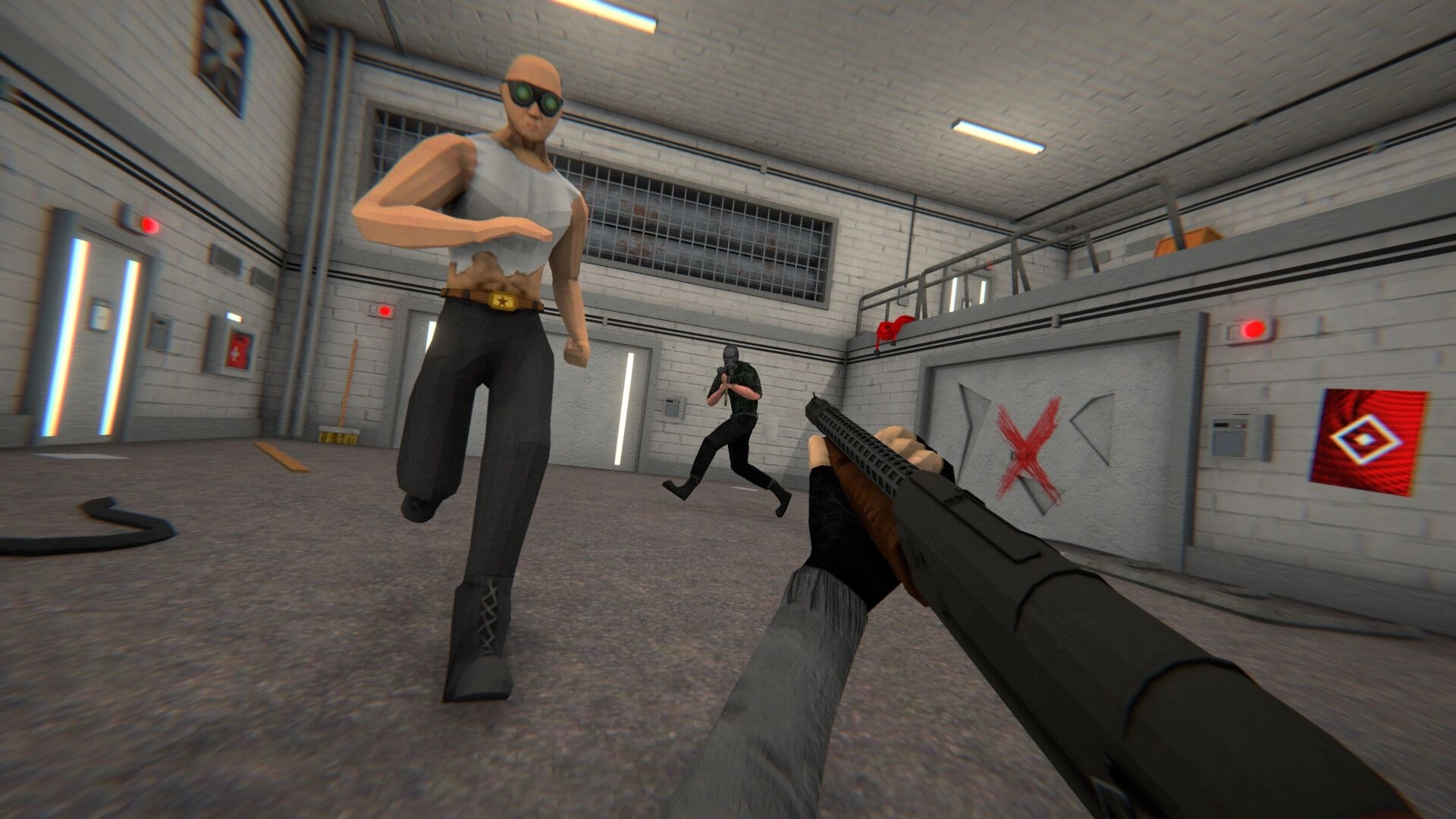 HMUR: First-person view aiming at two enemies in a Soviet facility with red markings on the walls