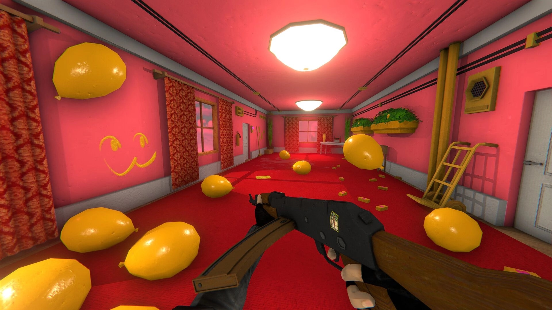 HMUR: Player aims weapon in a pink hallway filled with oversized lemons and Soviet-themed decor