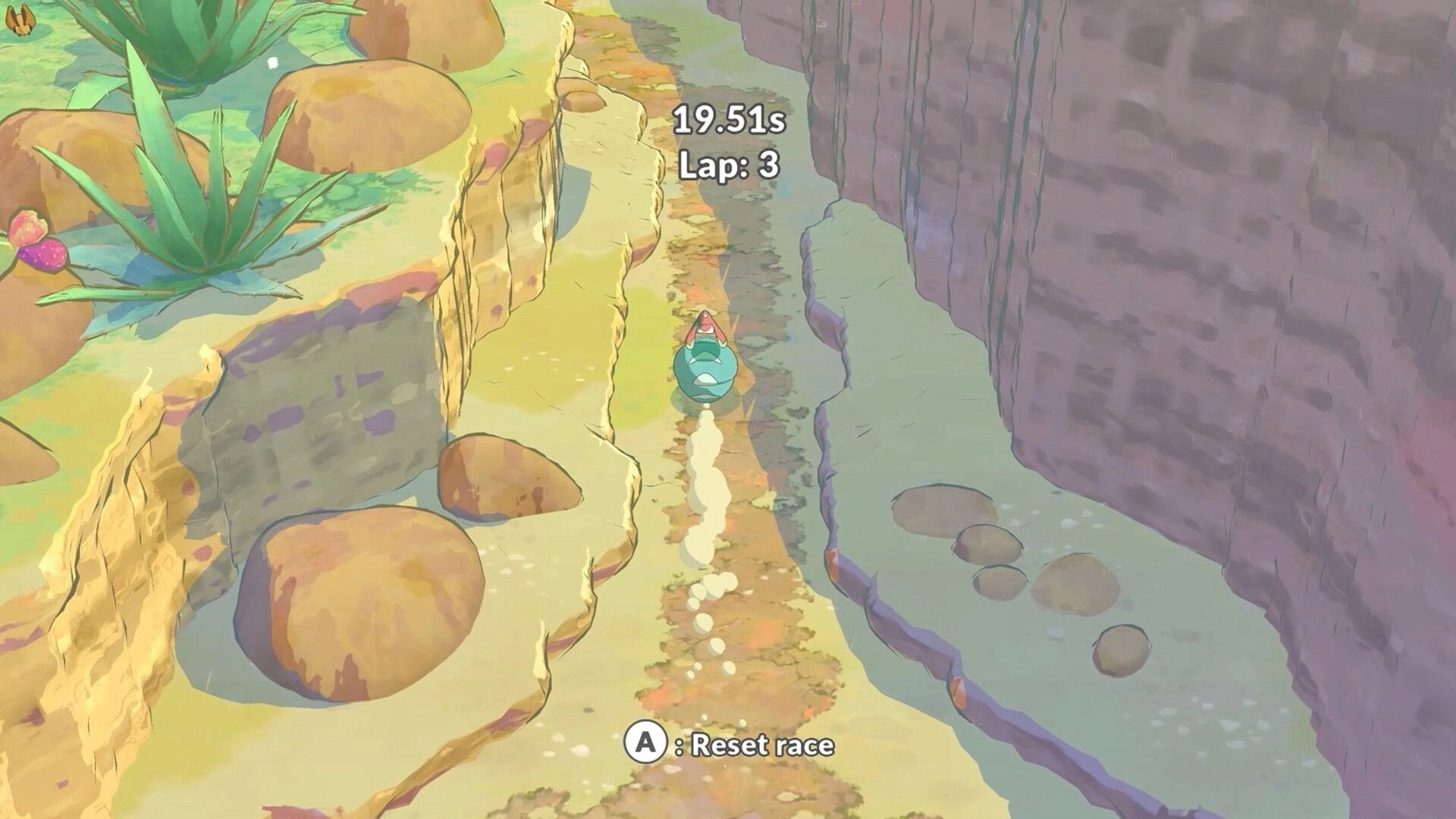 Hoa 2: Creature racing down a canyon path with timer and lap UI, rocks, plants, and cliff walls.