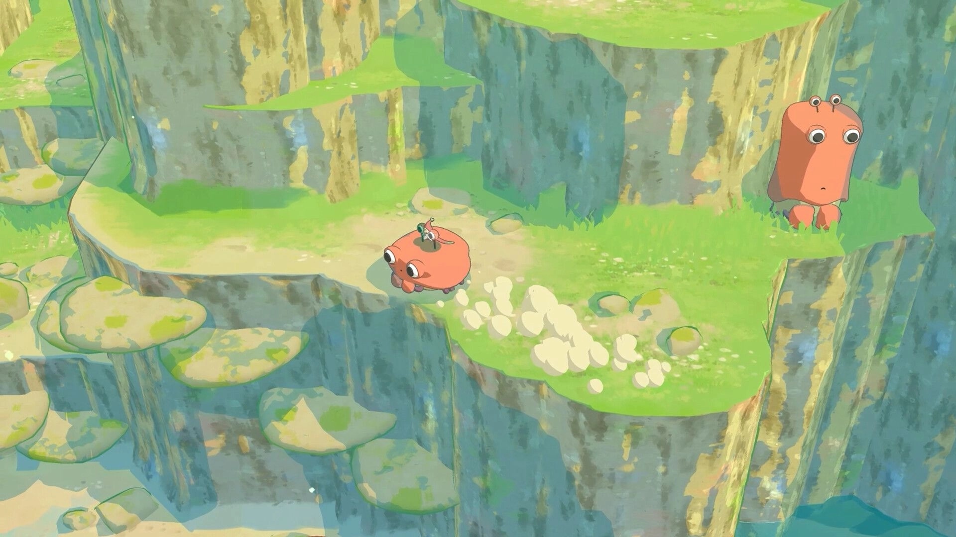 Hoa 2: Pink bug-like creature runs across grassy cliff ledge toward tall snail-like friend in canyon.