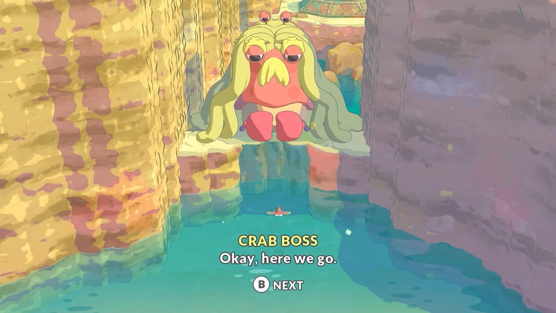 Hoa 2: Crab Boss dialogue prompt over turquoise water canyon, giant crab perched on rock ledge above.