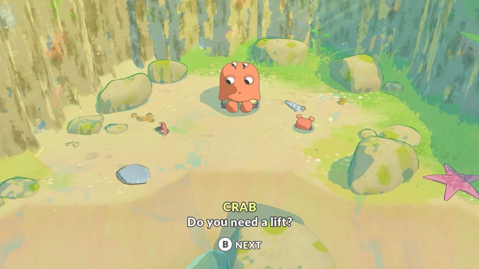 Hoa 2: Talking to a crab NPC with dialogue prompt in a sunny rocky tidepool clearing.