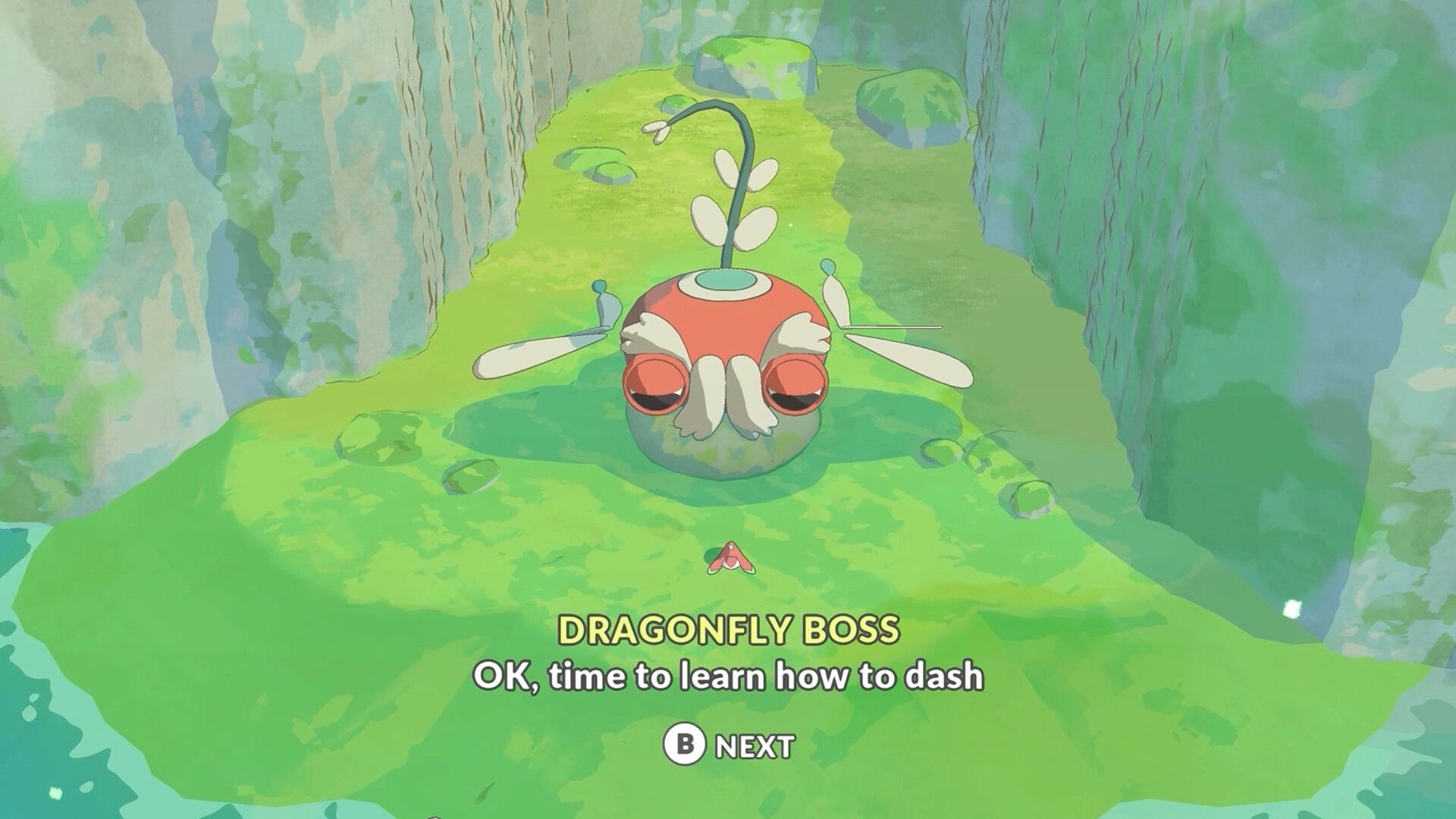 Hoa 2: Dragonfly boss tutorial text about learning to dash on a grassy canyon path with cliffs.