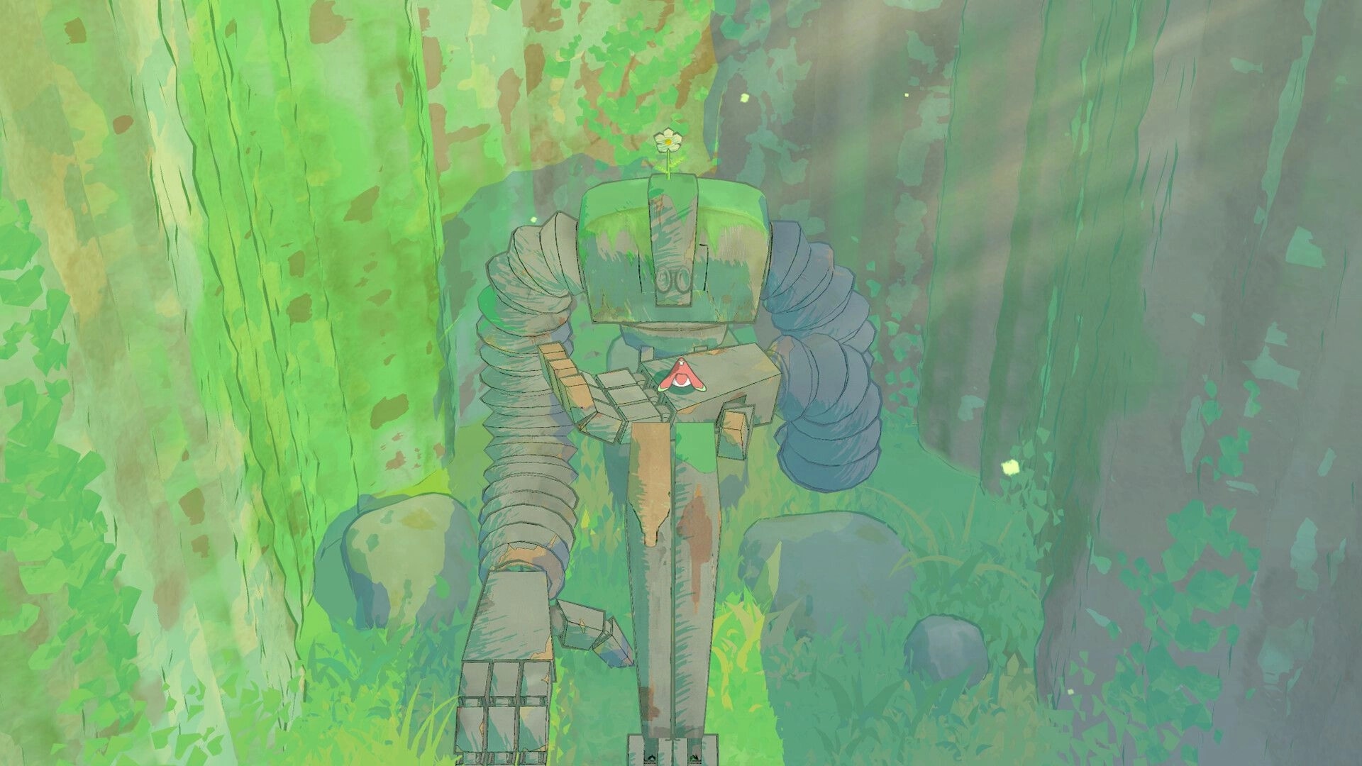 Hoa 2: Giant mossy robot with a flower on its head stands in a misty green forest gorge.