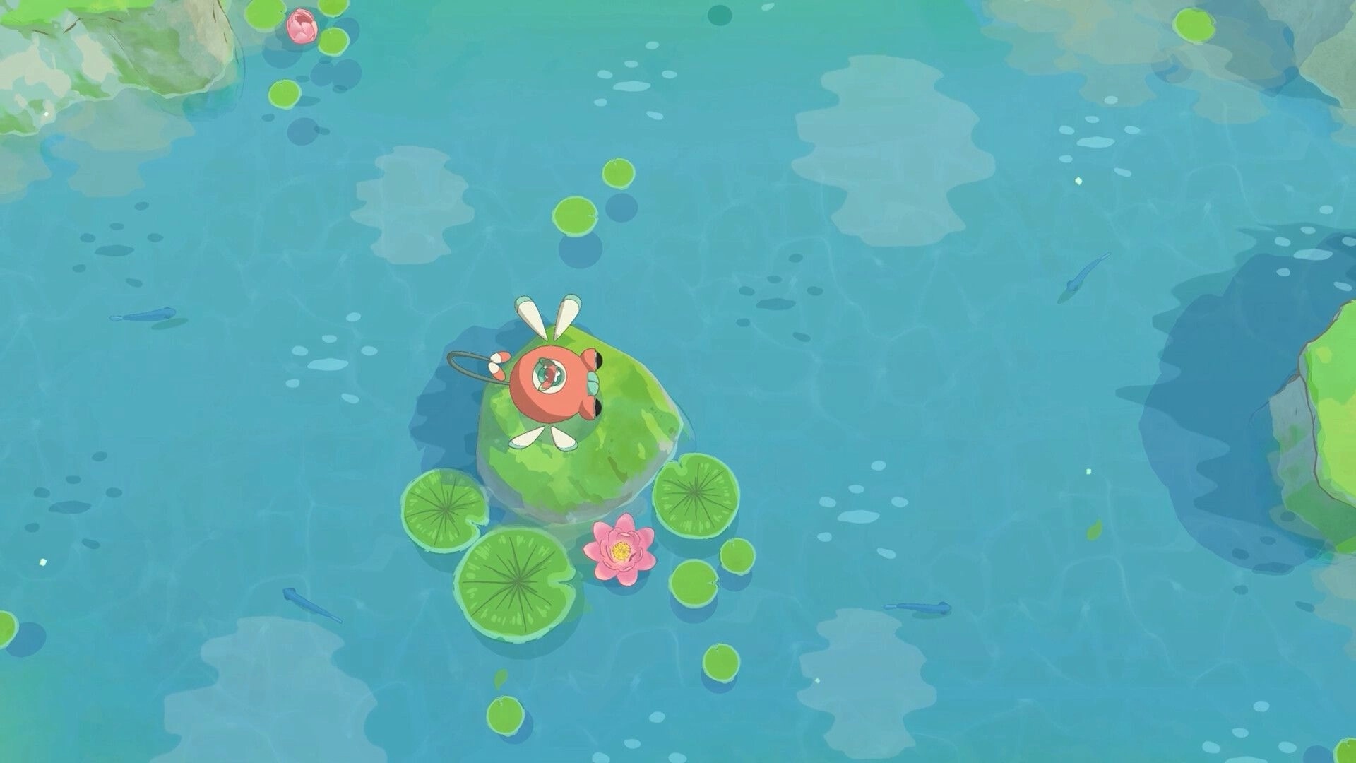 Hoa 2: Tiny bug-like character resting on a mossy rock amid lily pads and blue pond water.