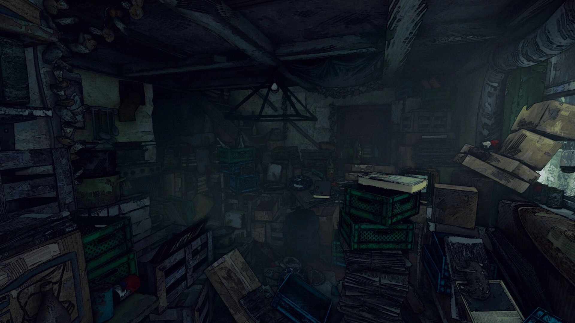 Hoarder: Dim attic packed with crates, boxes, and junk under a sagging roof, no UI visible.