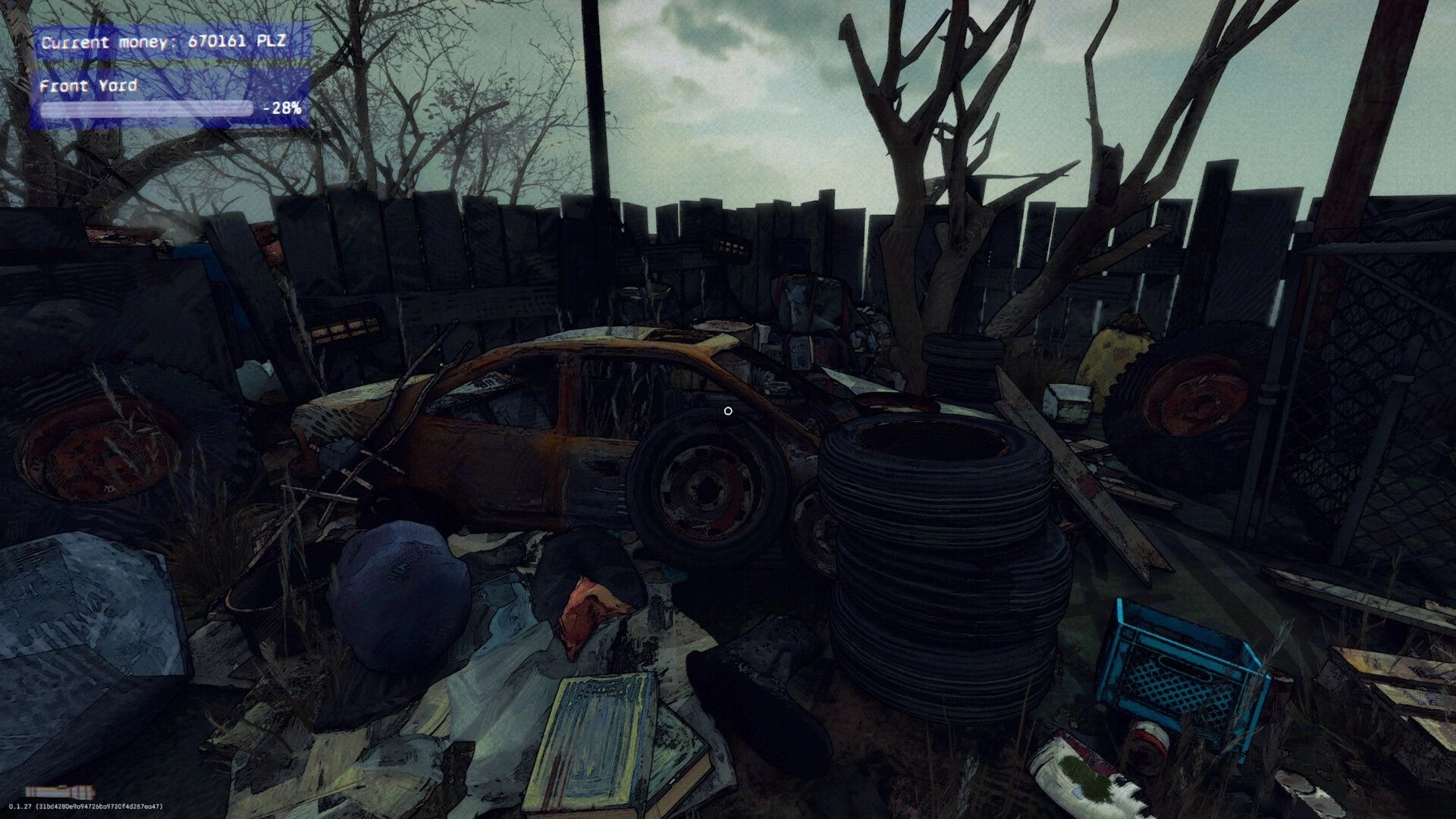 Hoarder: First-person view aiming at junked car and tire stacks in cluttered front yard with money UI.