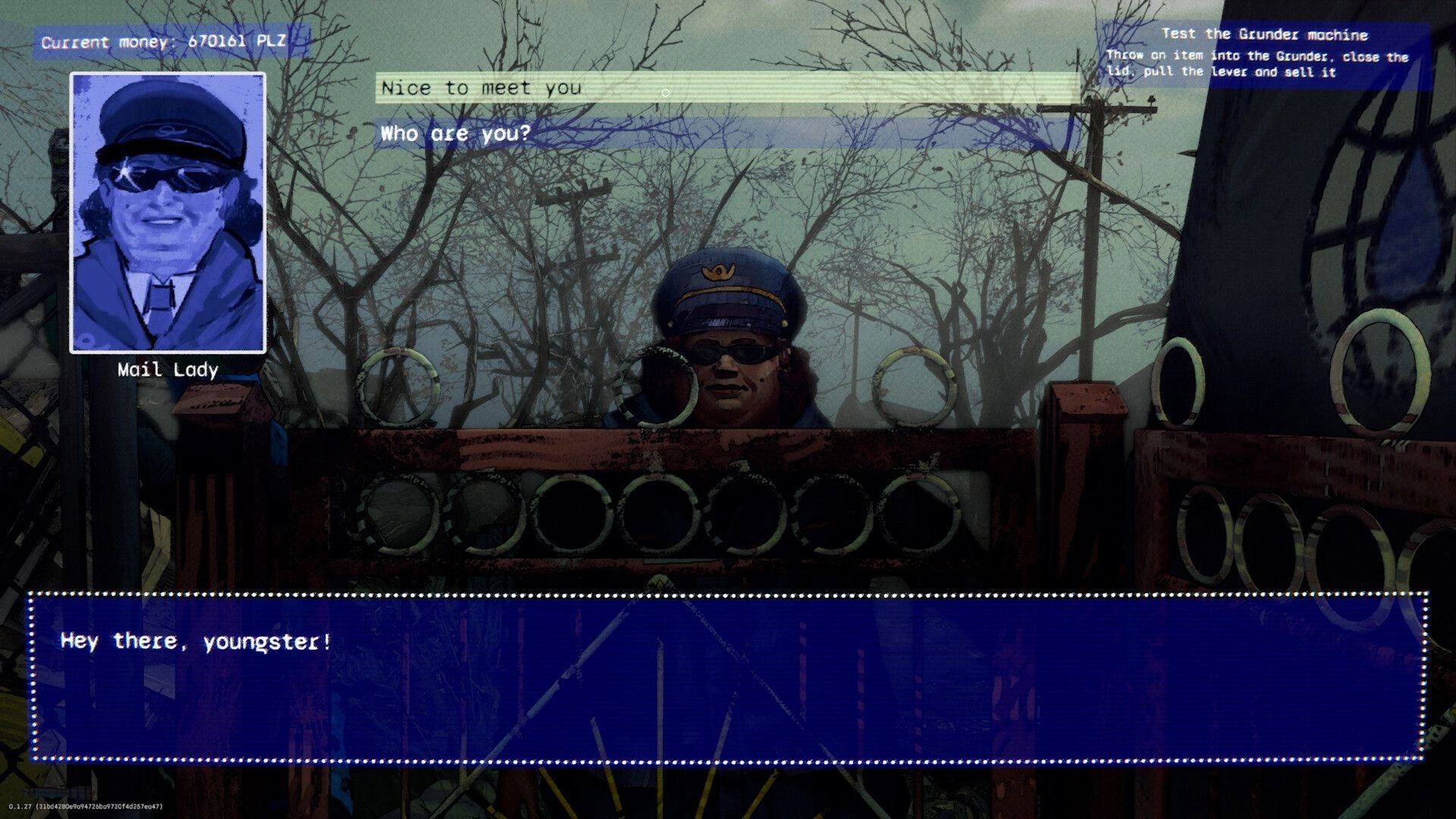 Hoarder: Dialogue with Mail Lady portrait and text box beside a rusted pipe fence in foggy woods.