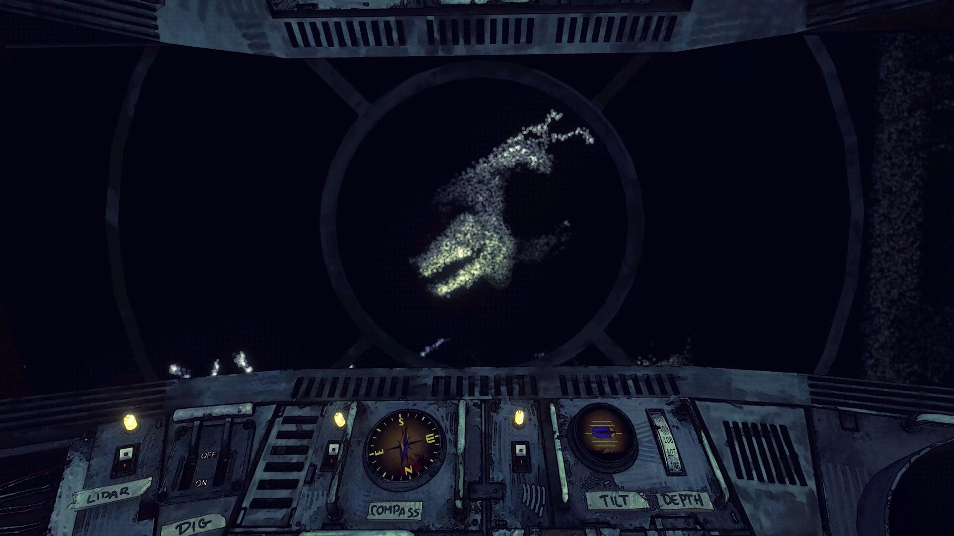 Hoarder: Sonar-like circular display with glowing specks above control panel in dark cockpit view.
