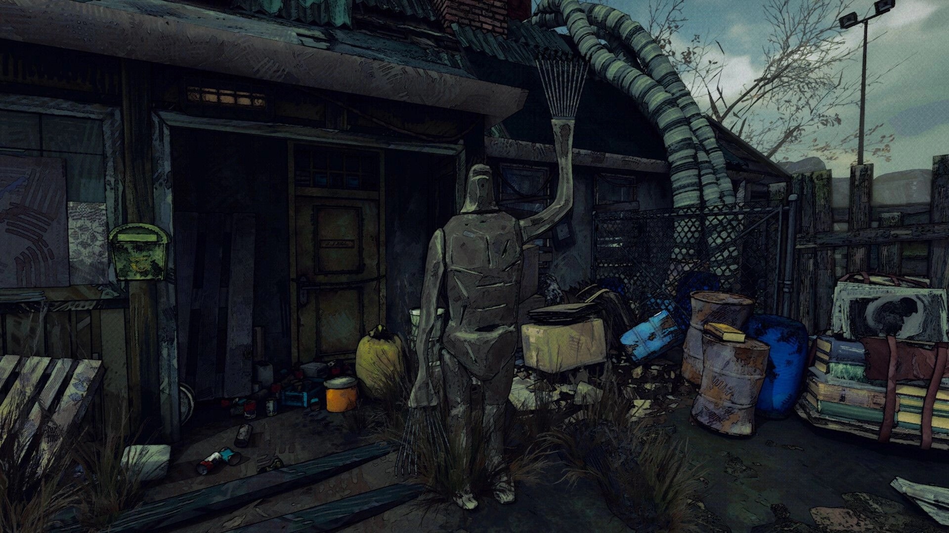 Hoarder: Faceless figure holding a broom outside a cluttered shack yard with barrels and junk piles.