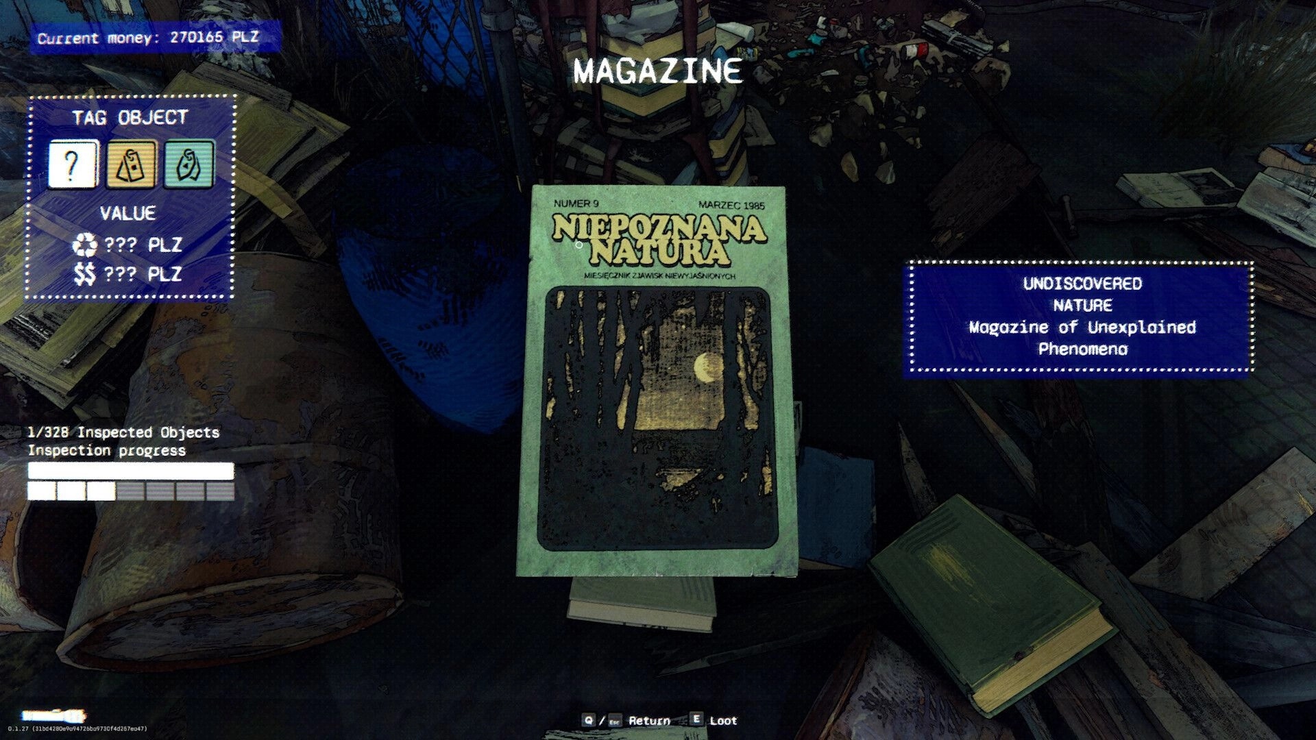Hoarder: Inspecting a magazine item with tag object UI in a cluttered room of scattered books and trash.