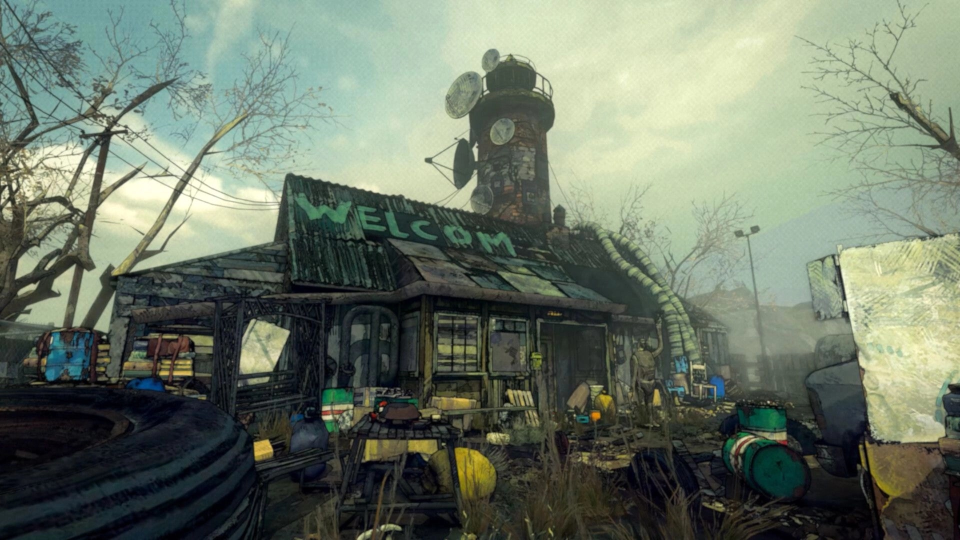 Hoarder: View of a junk-strewn shack with a WELCOME roof sign and radio tower under cloudy sky.