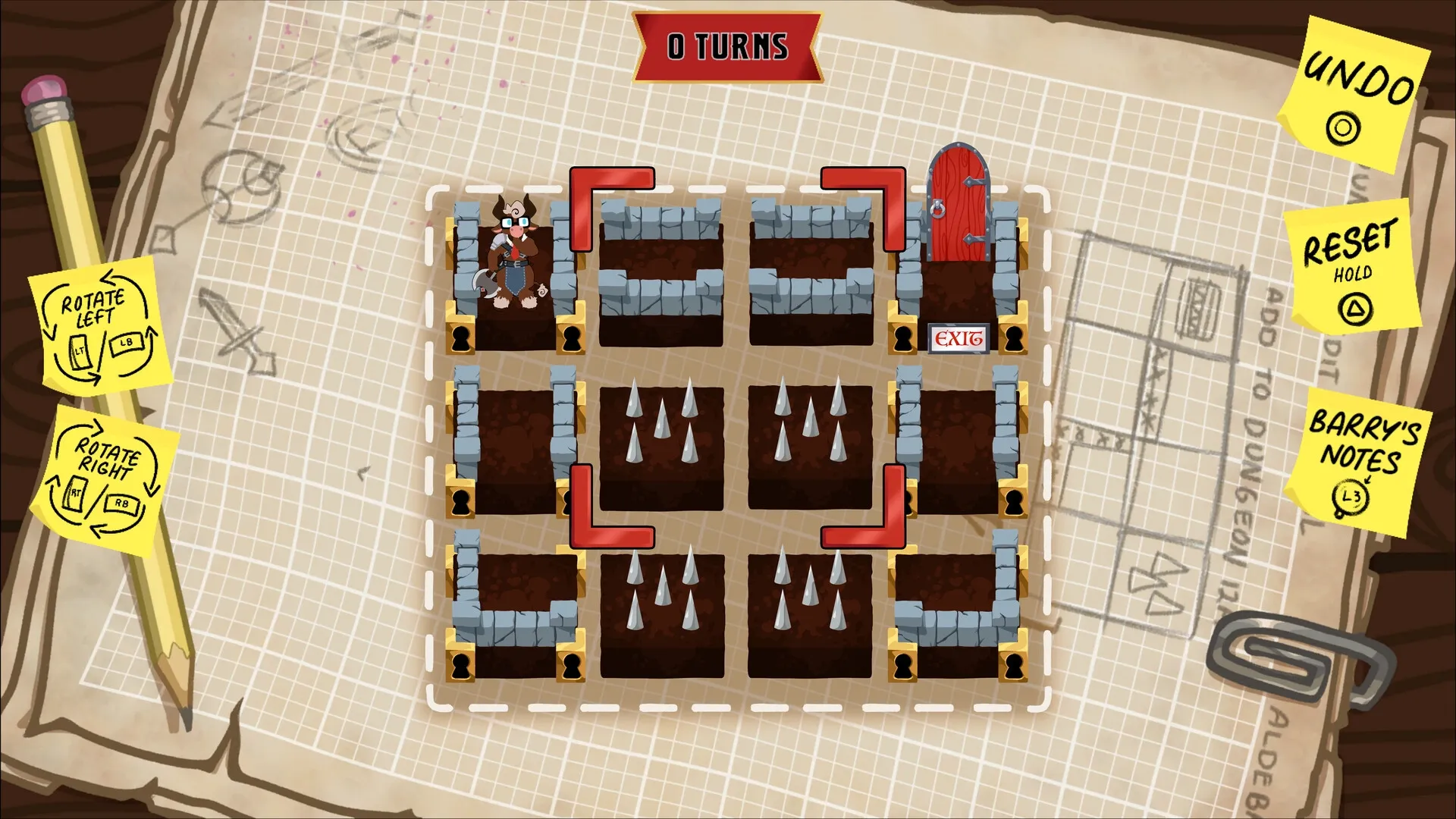 Hoard's LLC: Character navigates grid dungeon with spikes and exit door, surrounded by note instructions.