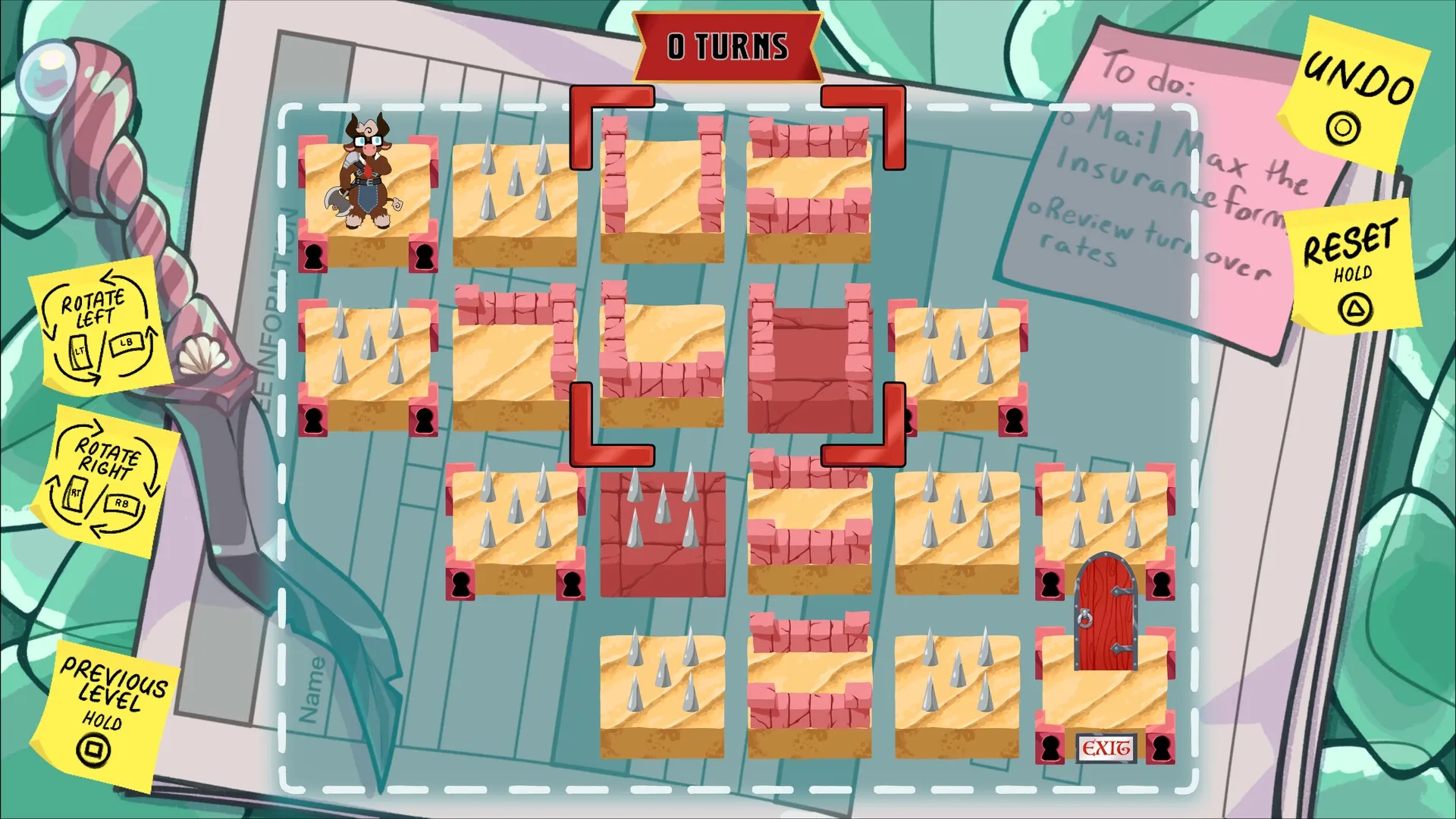 Hoard's LLC: Character navigating spiked dungeon tiles with rotation controls and to-do list visible