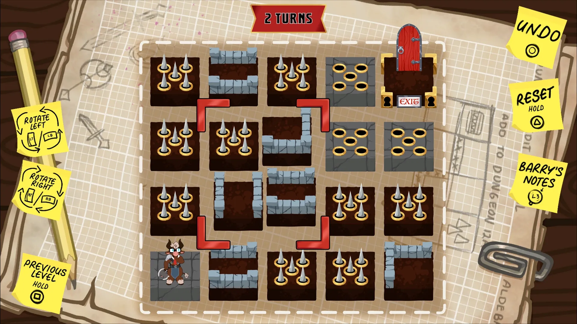 Hoard's LLC: Minotaur character navigating spiked maze with exit door and turn counter in dungeon map.