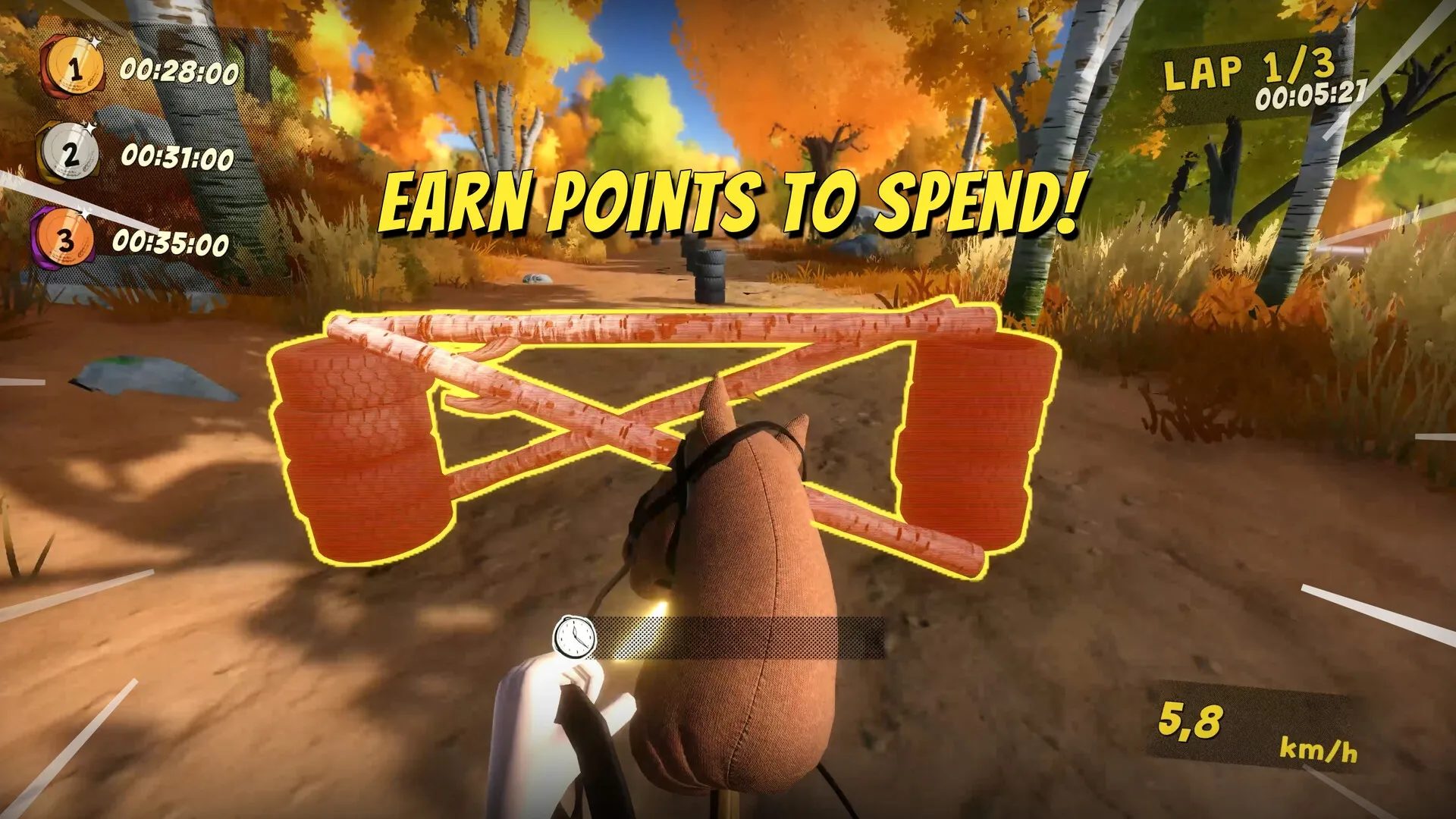 Hobby Horse: First-person obstacle course with autumn trees and lap timer in the top right corner