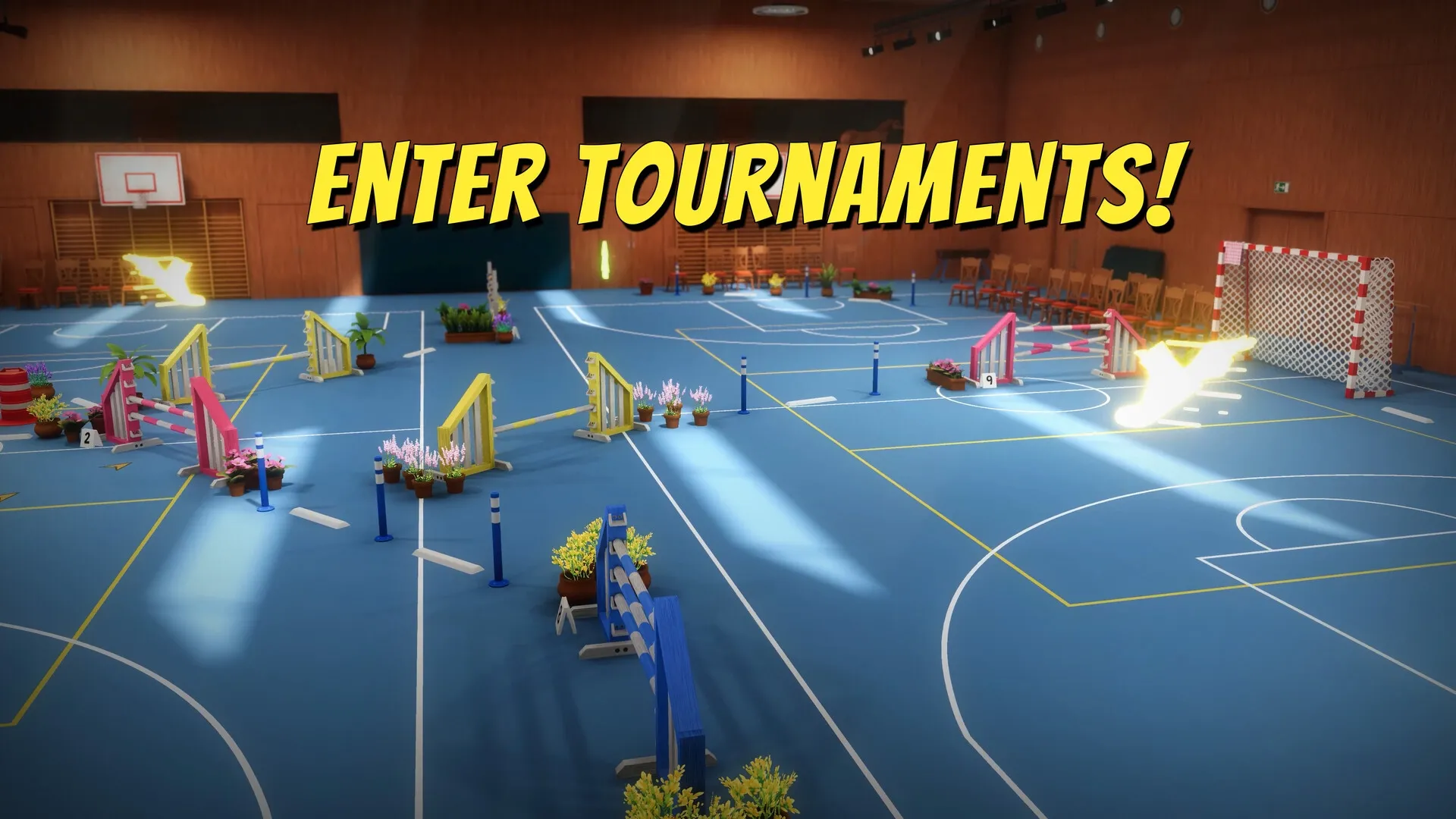 Hobby Horse: Indoor obstacle course with colorful jumps and "Enter Tournaments!" text in large letters