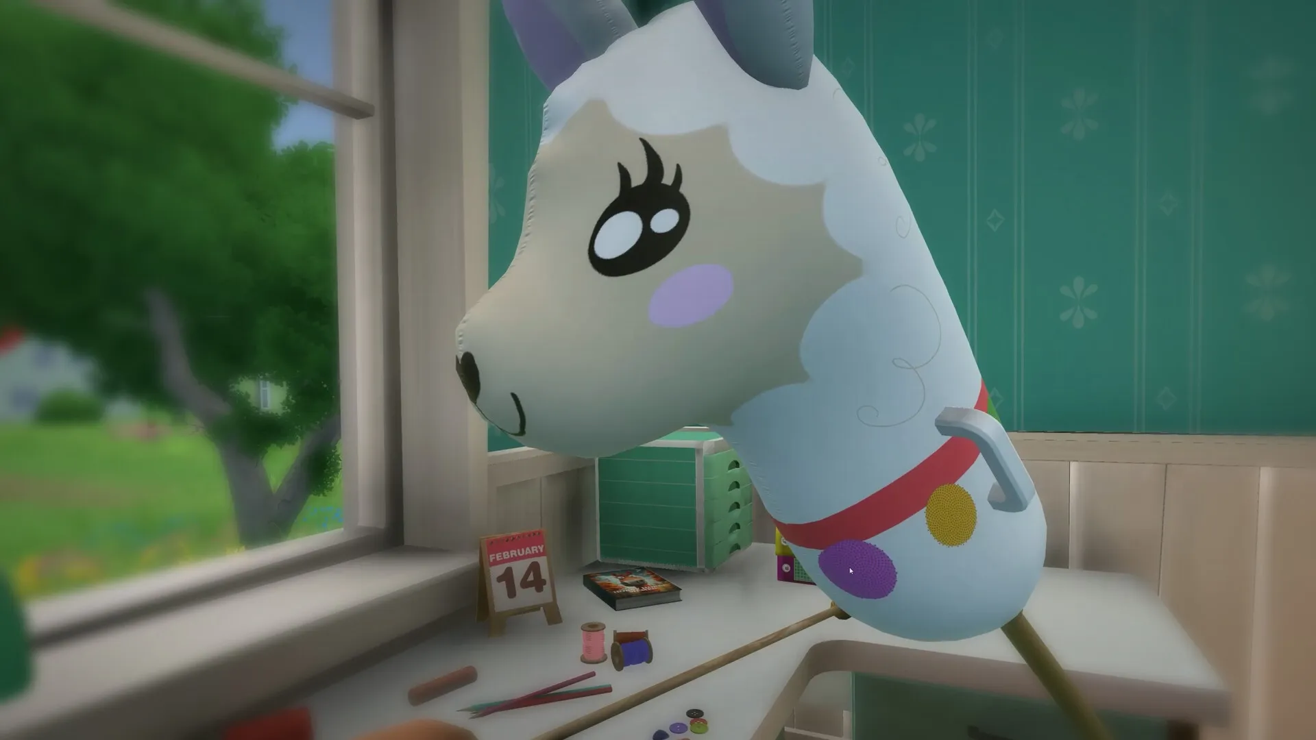 Hobby Horse: Custom hobby horse creation on a desk with crafting tools, a calendar, and outdoor view