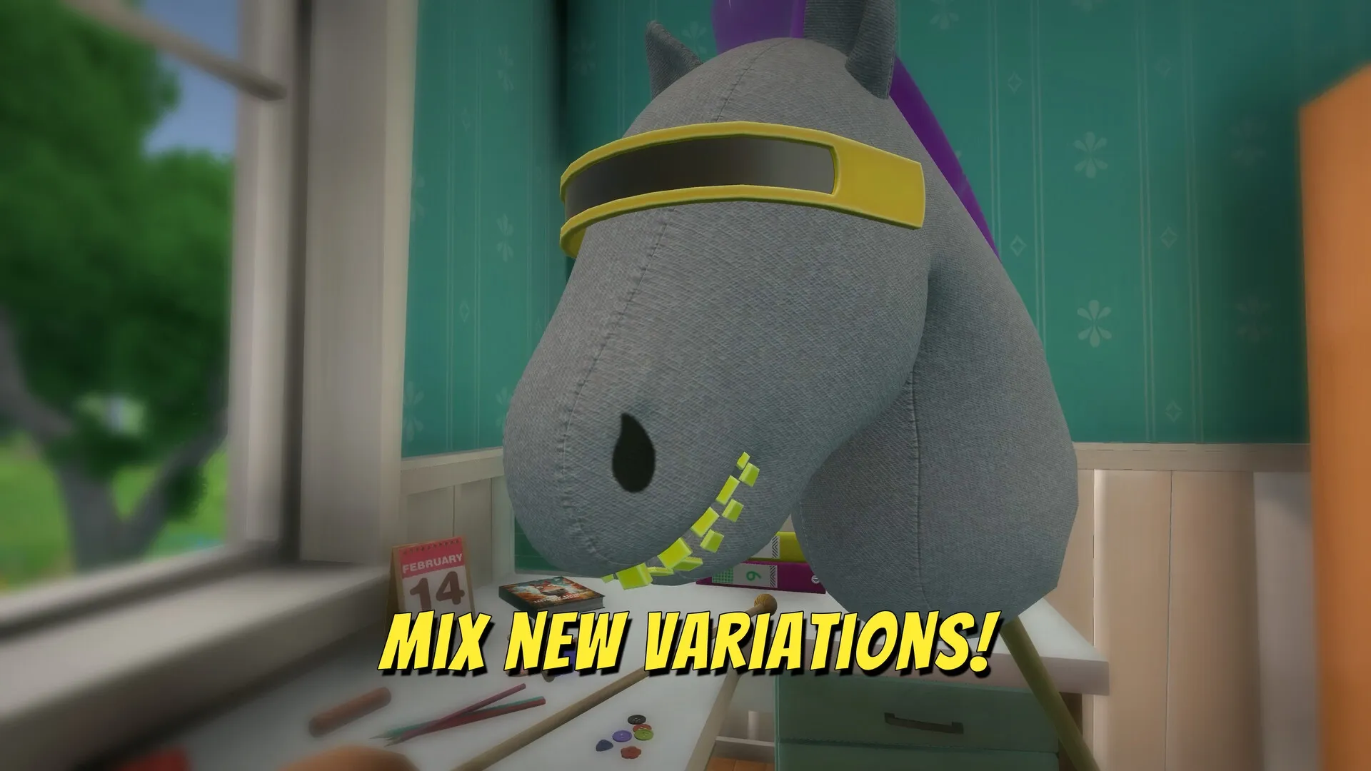 Hobby Horse: Customize hobby horse head with visor in crafting room, surrounded by tools and calendar.