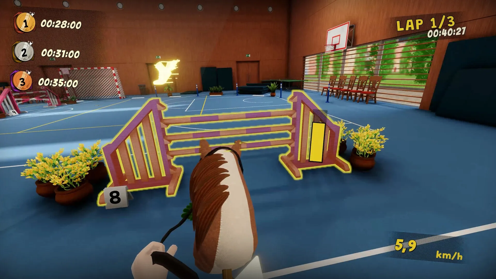 Hobby Horse: First-person view jumping hurdles in an indoor gym setting, speed displayed as 5.9 km/h