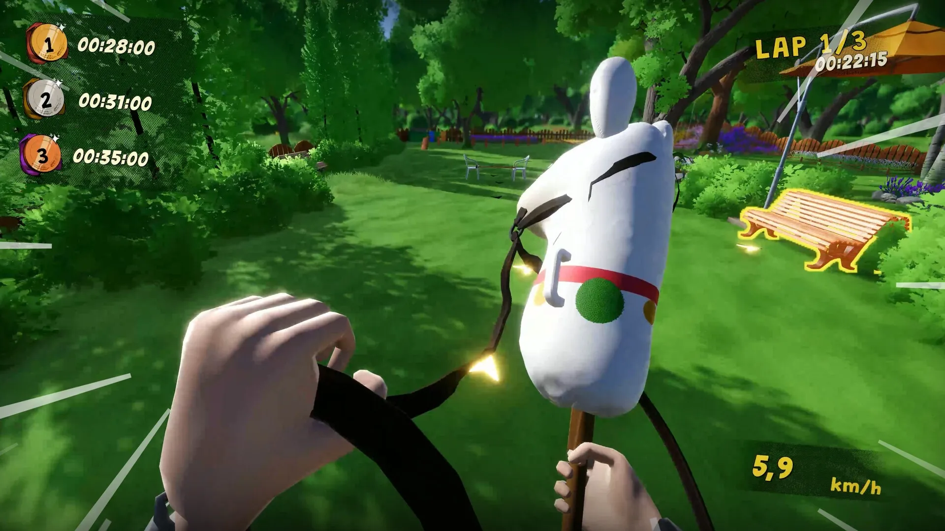 Hobby Horse: First-person riding view with timer and speed UI in a lush green park setting